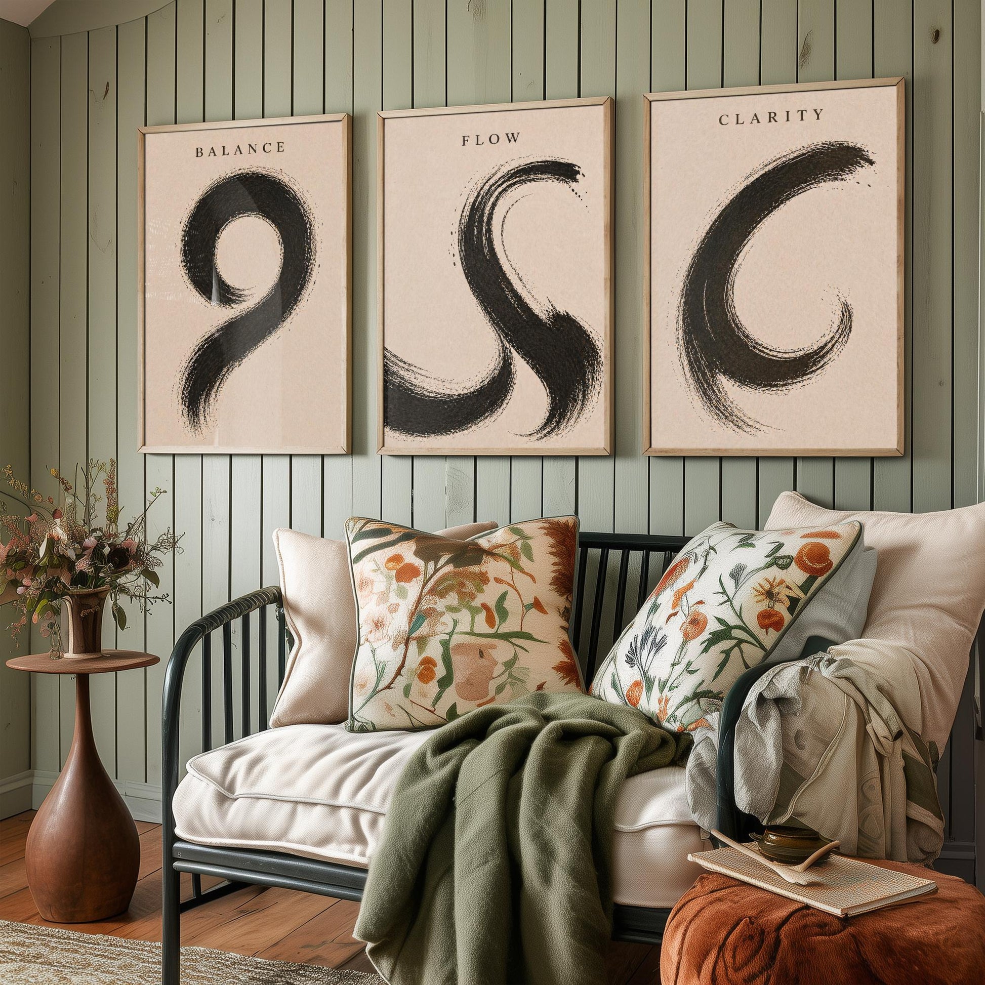 Zen Brush Stroke Set of Three Art Prints - Balance Flow Clarity - 3 Minimalist Ink Illustrations - Black Wall Art Poster Gift Decor