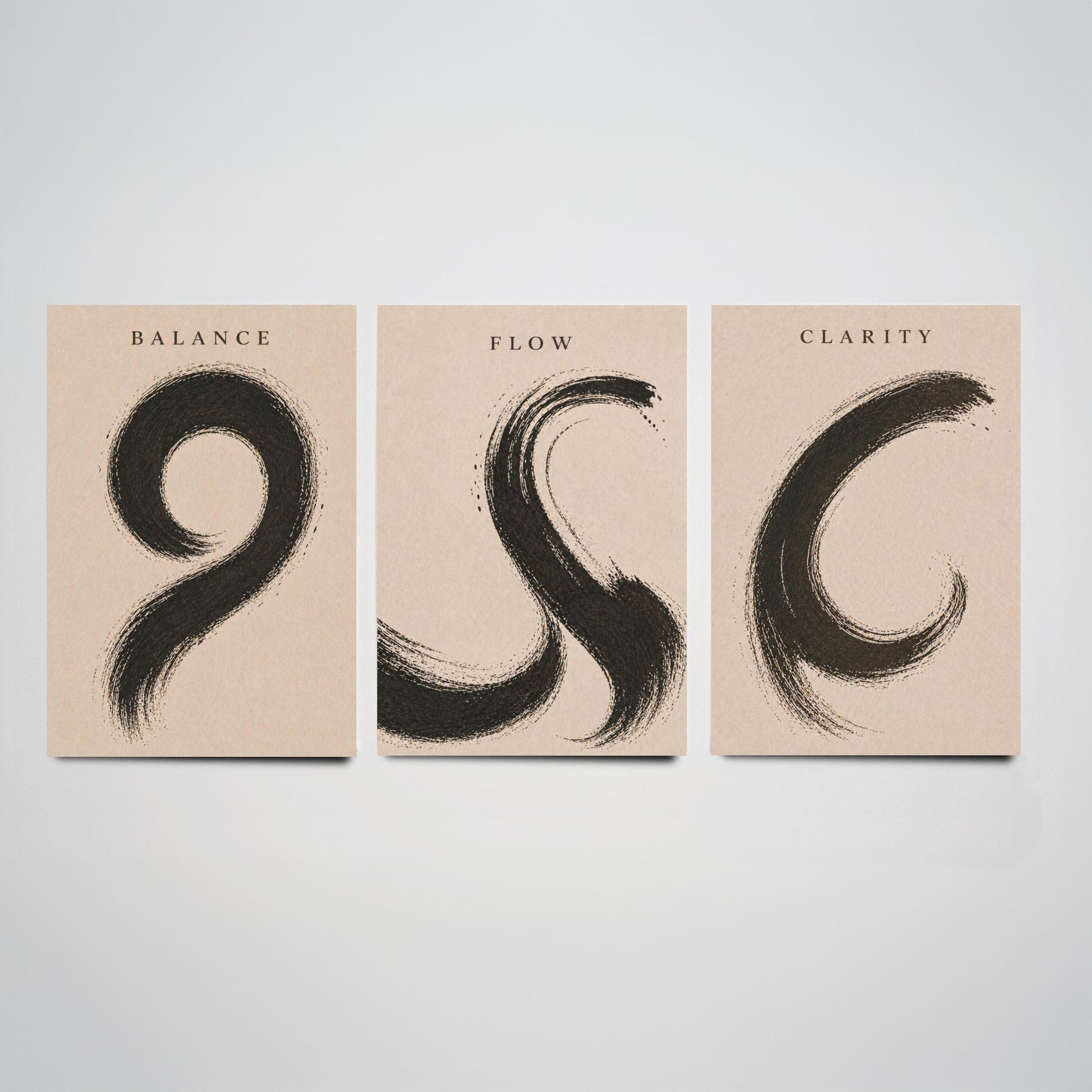 Zen Brush Stroke Set of Three Art Prints - Balance Flow Clarity - 3 Minimalist Ink Illustrations - Black Wall Art Poster Gift Decor