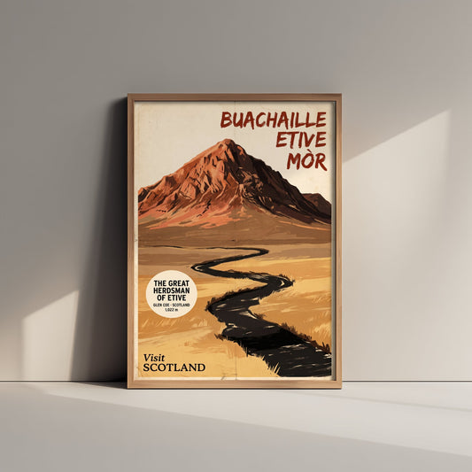 Buachaille Etive Mor Art Print - Glen Coe Scotland Travel Poster - Vintage Gouache Style Mountain Illustration