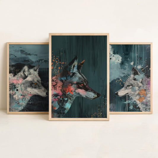 Wolf Set of Three Art Prints - 3 Moody Wolf Head Posters - Bubblegum Pink Slate Mixed Media Illustration Animal Wall Decor Gift