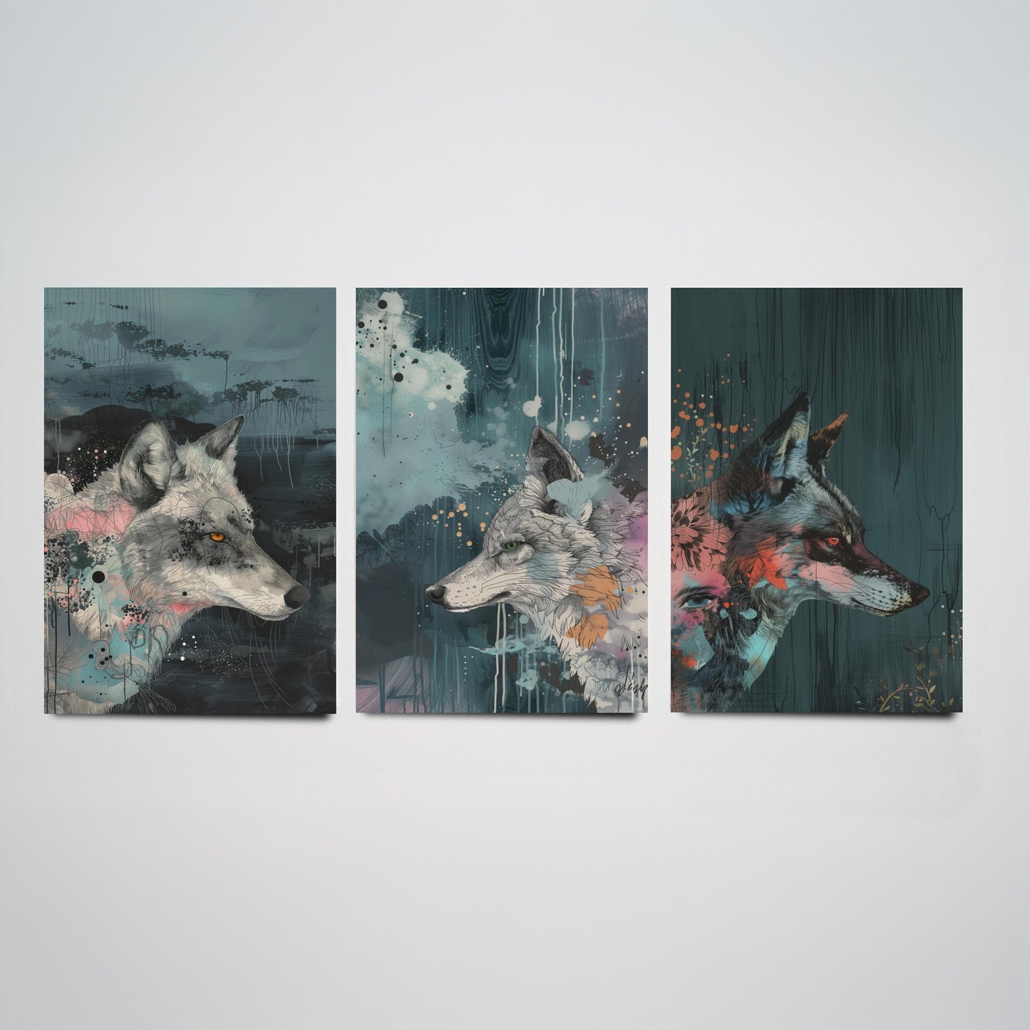 Wolf Set of Three Art Prints - 3 Moody Wolf Head Posters - Bubblegum Pink Slate Mixed Media Illustration Animal Wall Decor Gift