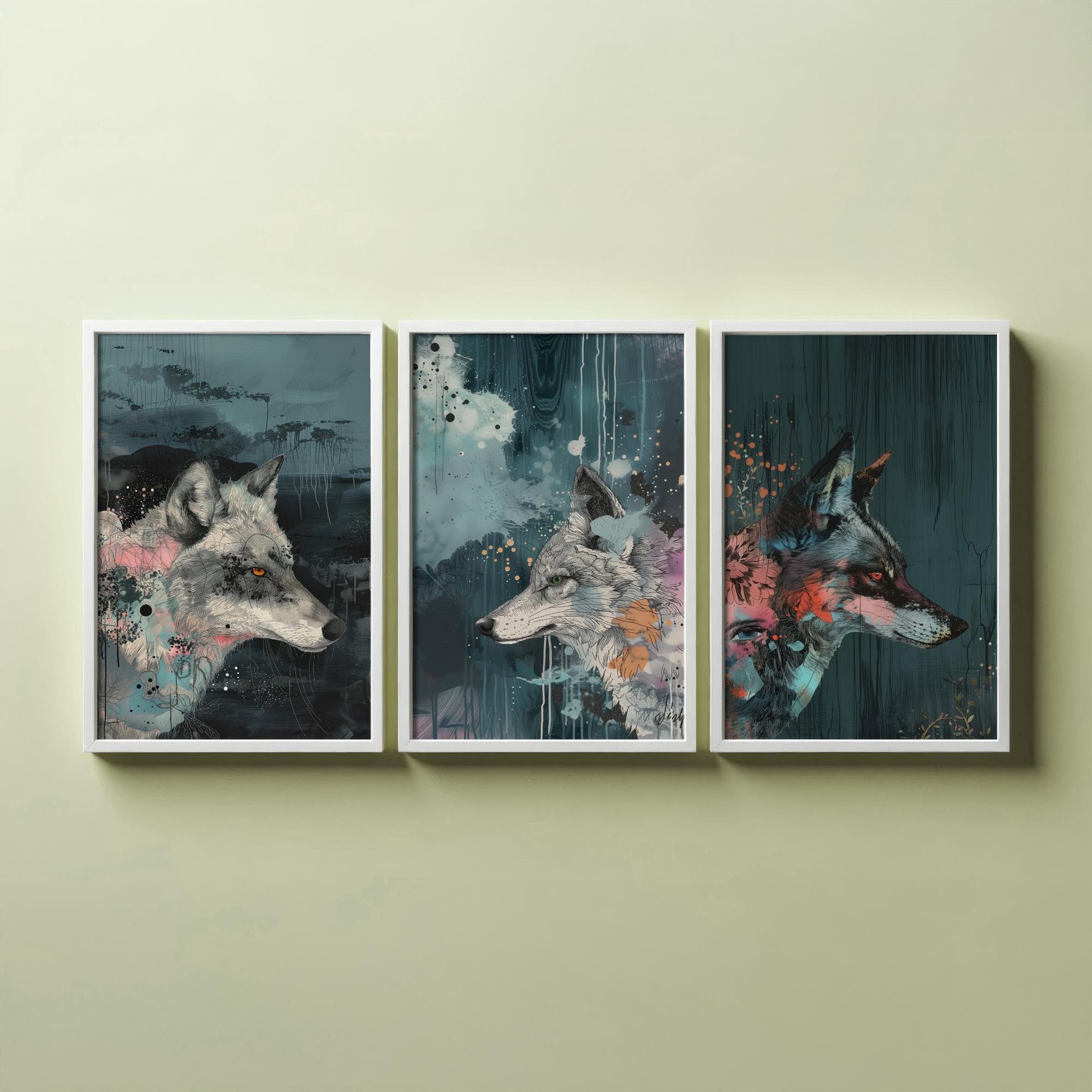 Wolf Set of Three Art Prints - 3 Moody Wolf Head Posters - Bubblegum Pink Slate Mixed Media Illustration Animal Wall Decor Gift
