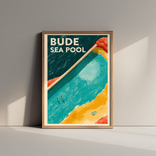 Bude Sea Pool Travel Poster - Cornish Lido Art Print - Sea Swimming Illustration - Turquoise Pool and Beach V2