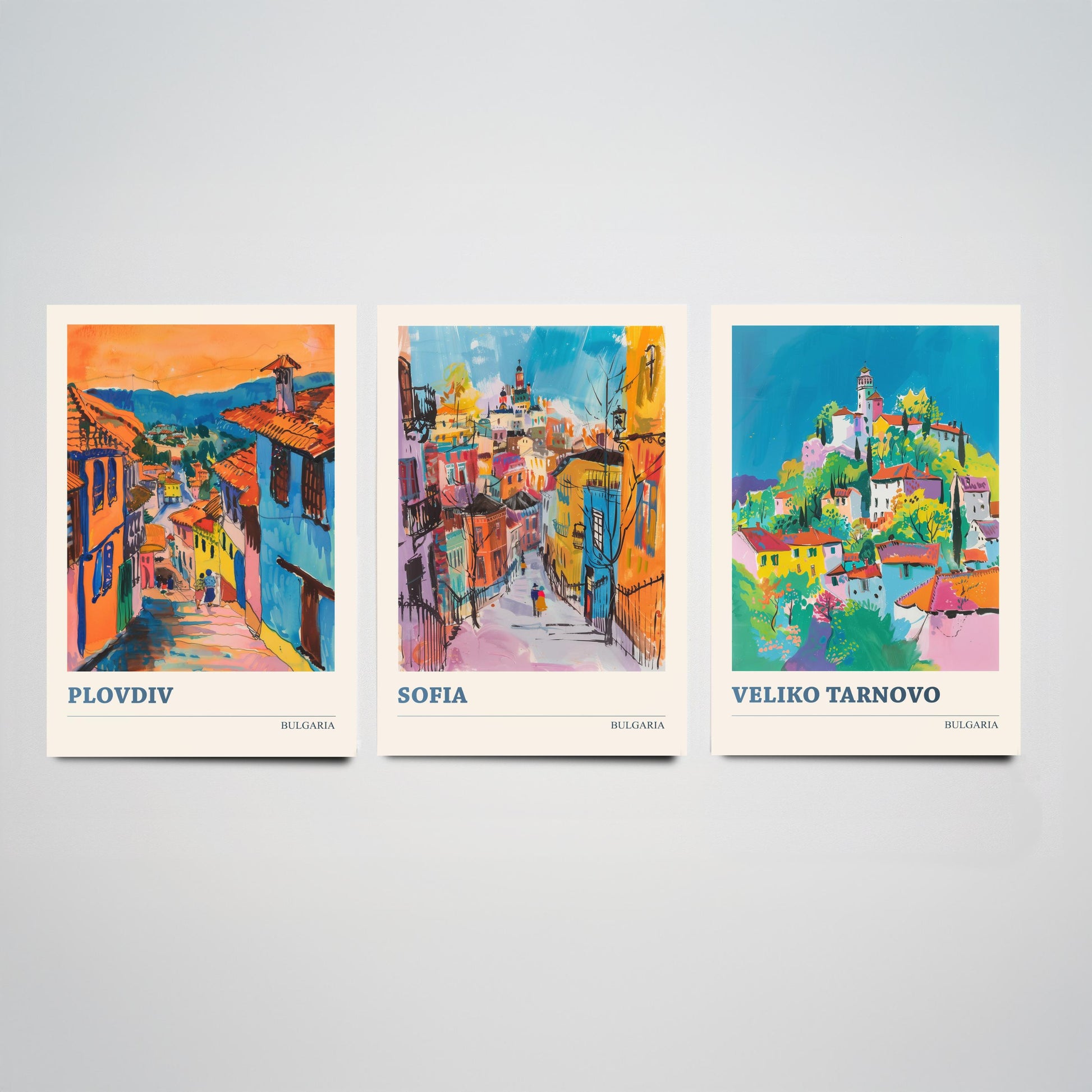 Bulgaria Set of Three Prints | Plovdiv Sofia Veliko Tarnovo | Vibrant Travel Painting City Wall Art Poster