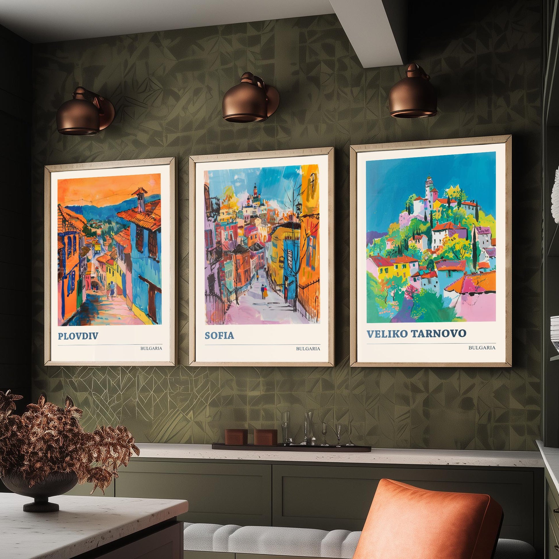 Bulgaria Set of Three Prints | Plovdiv Sofia Veliko Tarnovo | Vibrant Travel Painting City Wall Art Poster