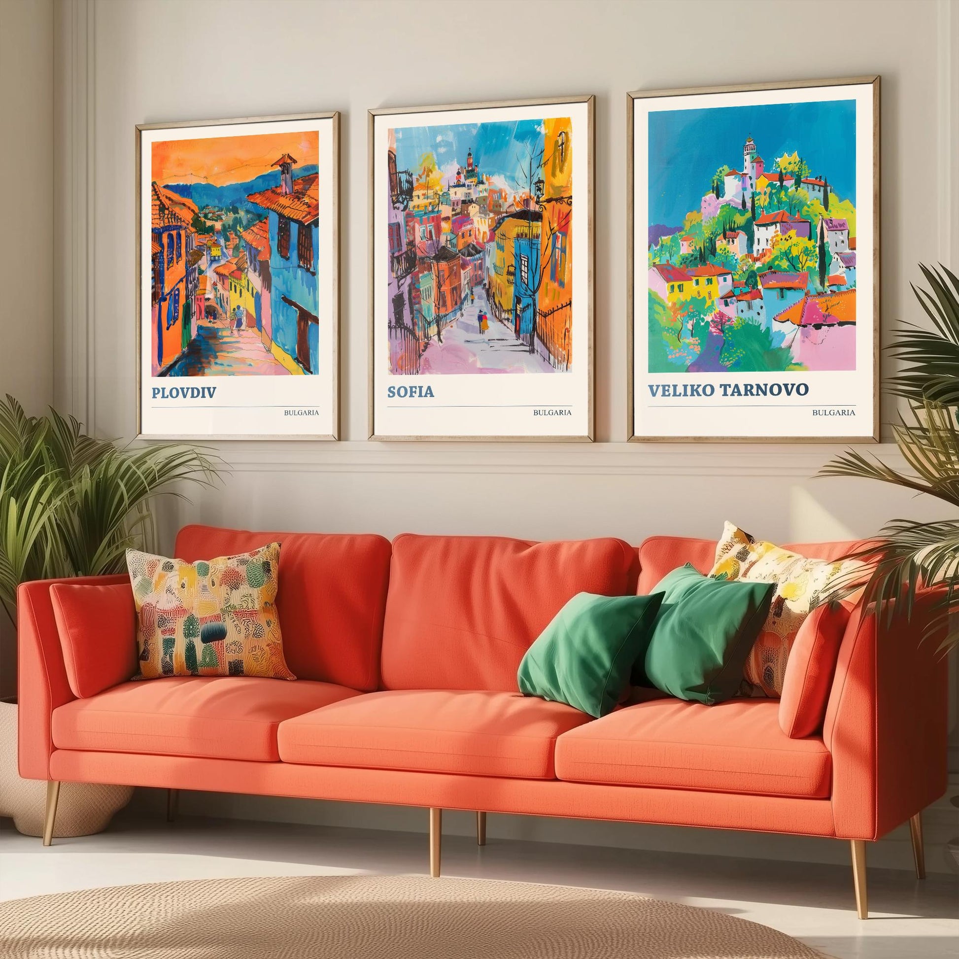 Bulgaria Set of Three Prints | Plovdiv Sofia Veliko Tarnovo | Vibrant Travel Painting City Wall Art Poster