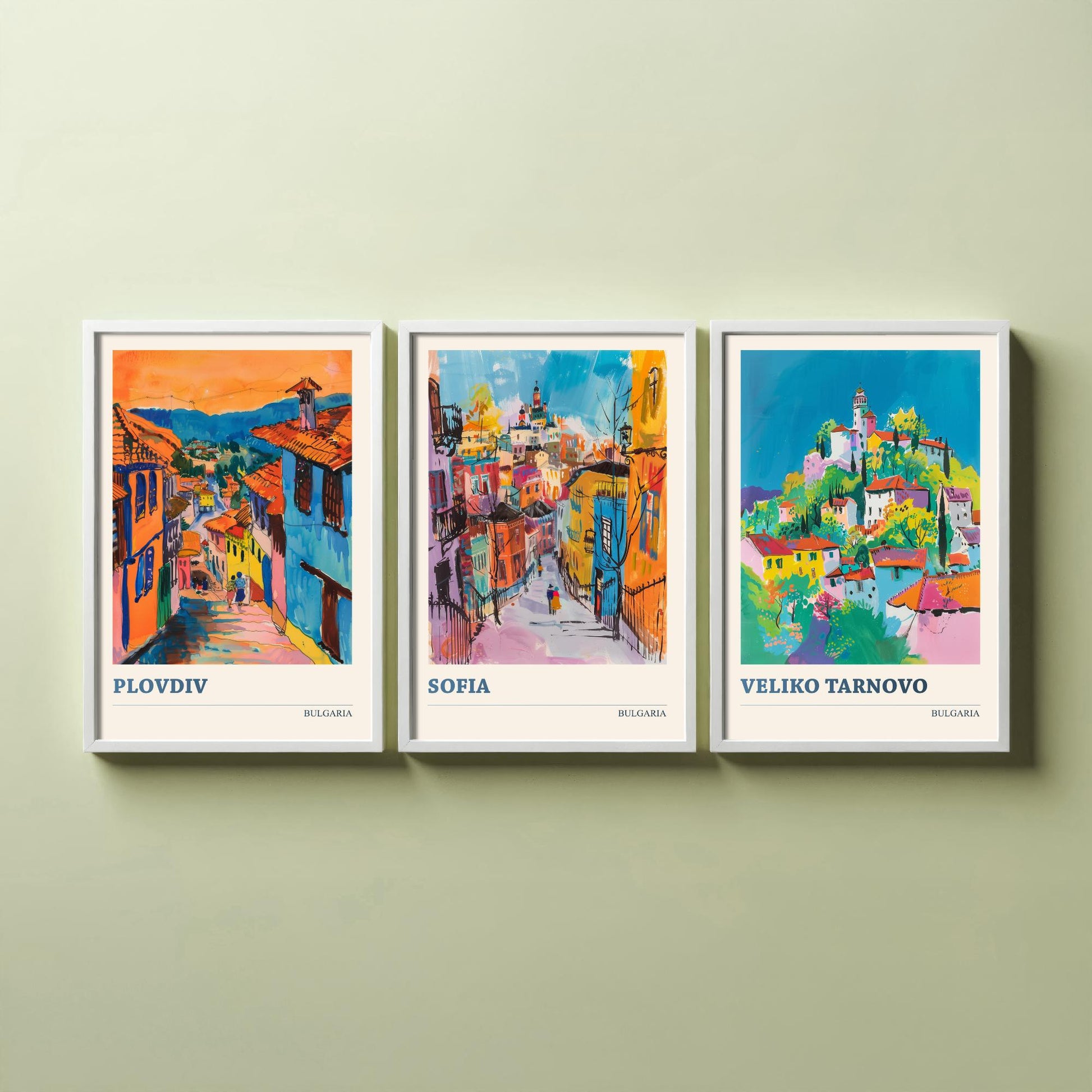 Bulgaria Set of Three Prints | Plovdiv Sofia Veliko Tarnovo | Vibrant Travel Painting City Wall Art Poster