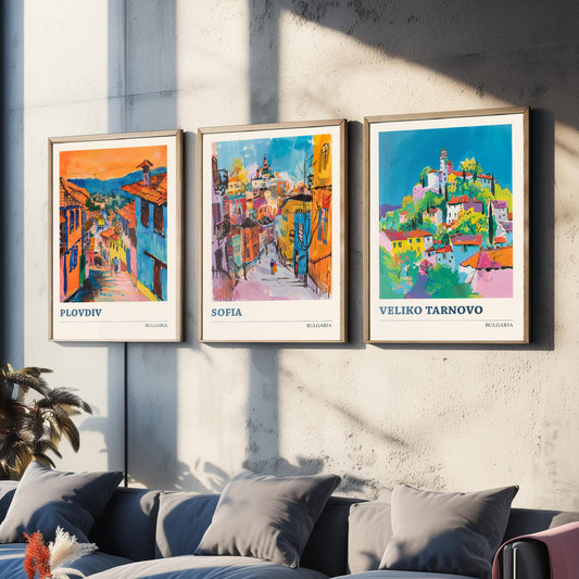 Bulgaria Set of Three Prints | Plovdiv Sofia Veliko Tarnovo | Vibrant Travel Painting City Wall Art Poster