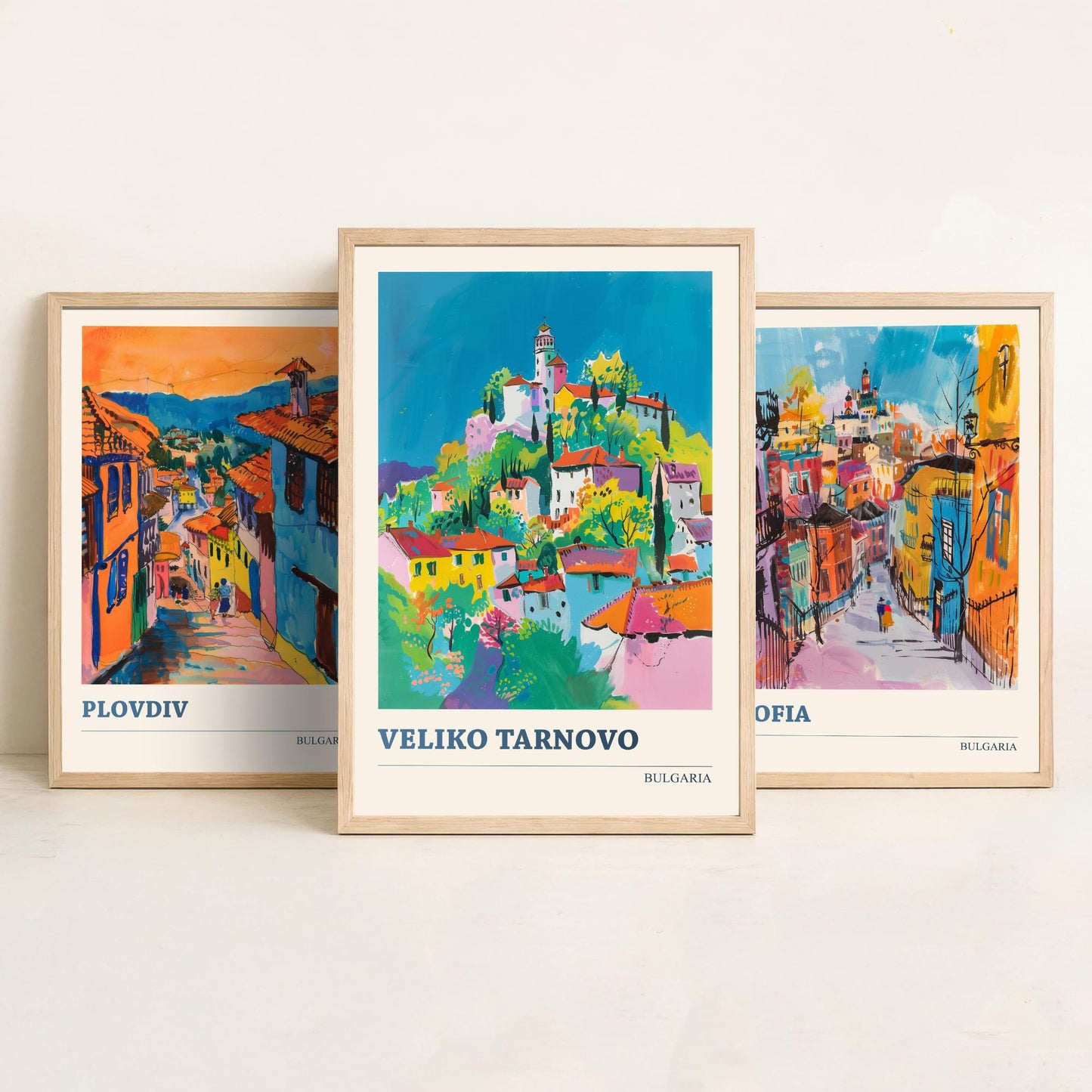 Bulgaria Set of Three Prints | Plovdiv Sofia Veliko Tarnovo | Vibrant Travel Painting City Wall Art Poster