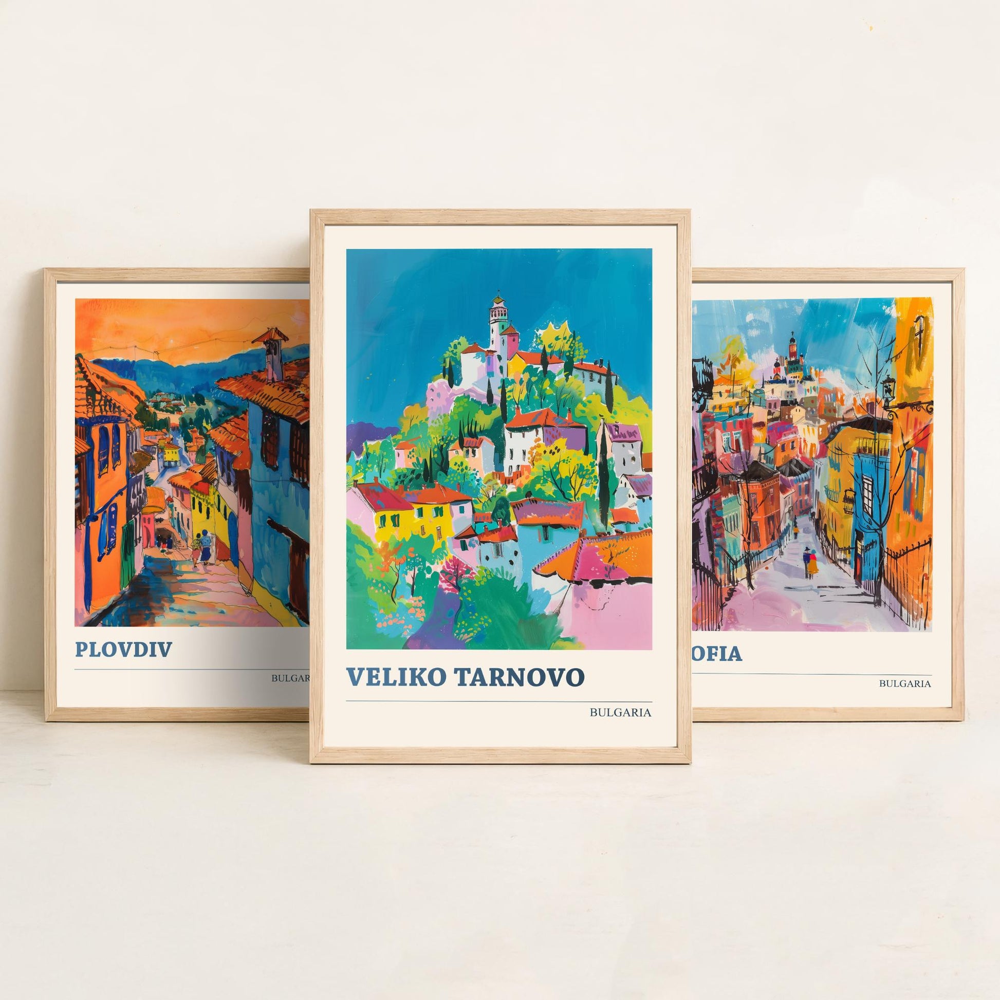 Bulgaria Set of Three Prints | Plovdiv Sofia Veliko Tarnovo | Vibrant Travel Painting City Wall Art Poster