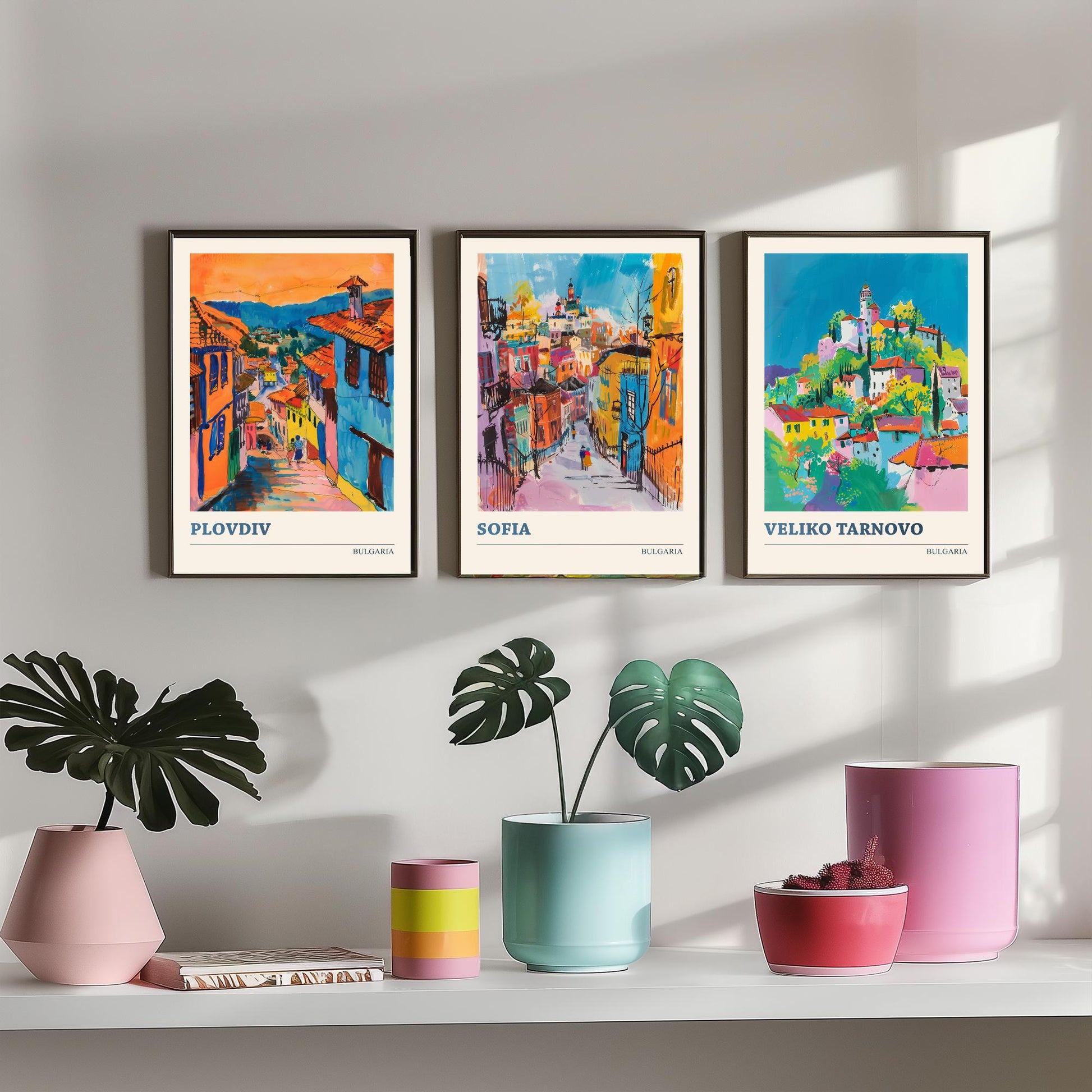 Bulgaria Set of Three Prints | Plovdiv Sofia Veliko Tarnovo | Vibrant Travel Painting City Wall Art Poster