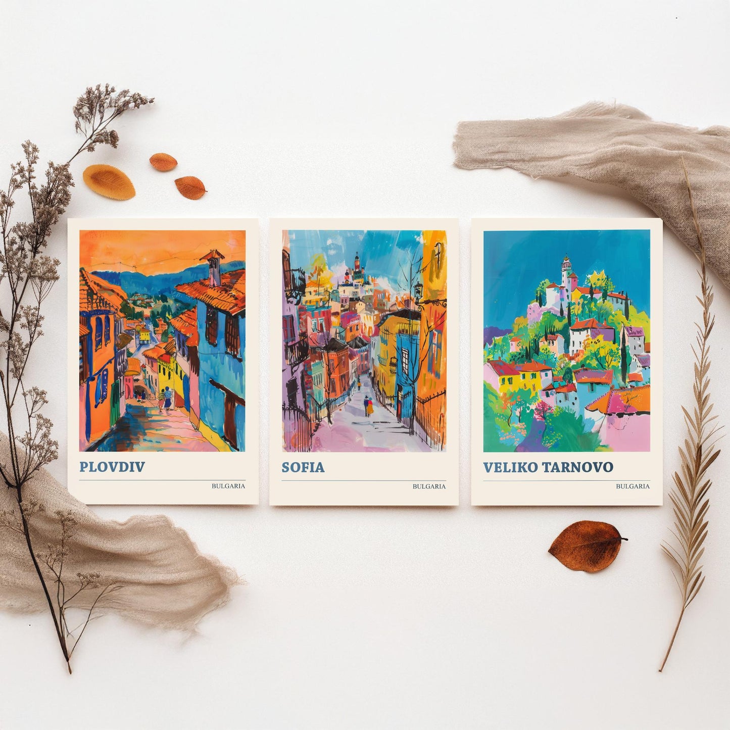 Bulgaria Set of Three Prints | Plovdiv Sofia Veliko Tarnovo | Vibrant Travel Painting City Wall Art Poster