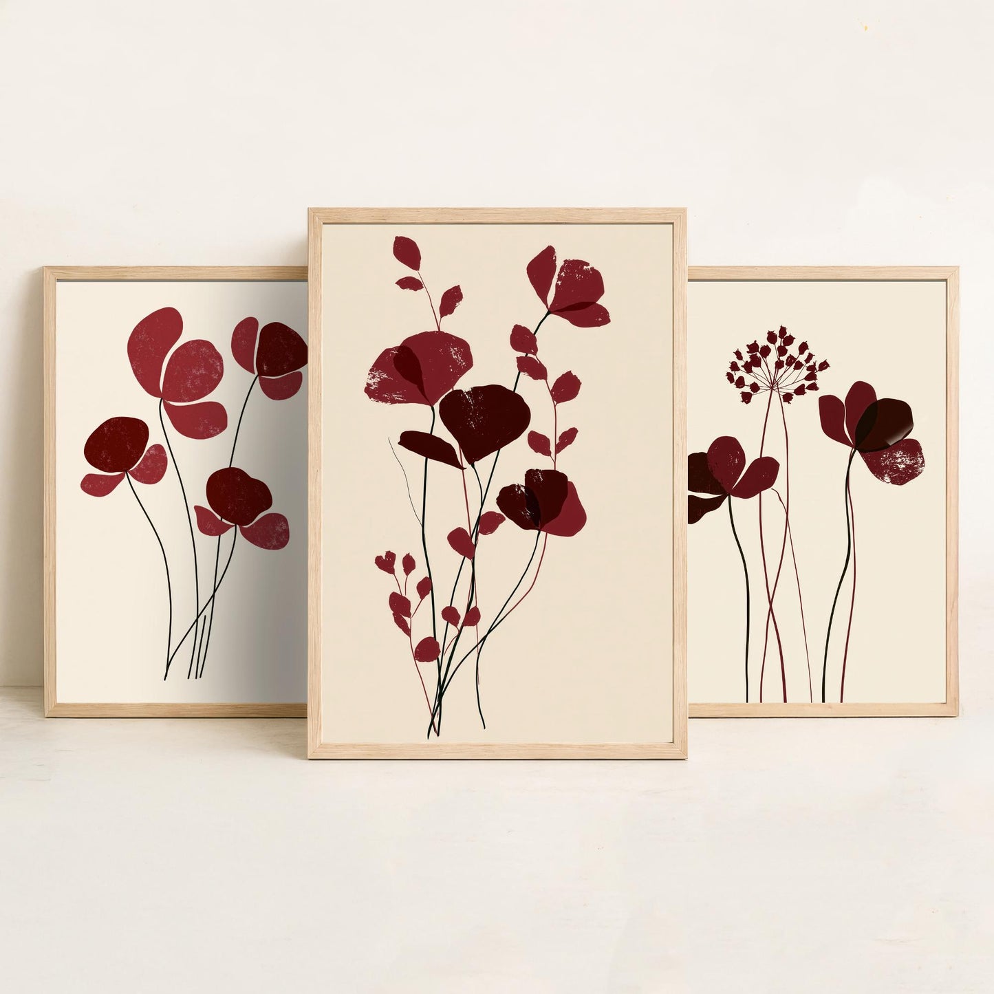 Burgundy Wildflower Stems Set of Three Art Prints - Minimalist Poppies and Seed Heads on Cream - Deep Red Botanical Posters Illustration