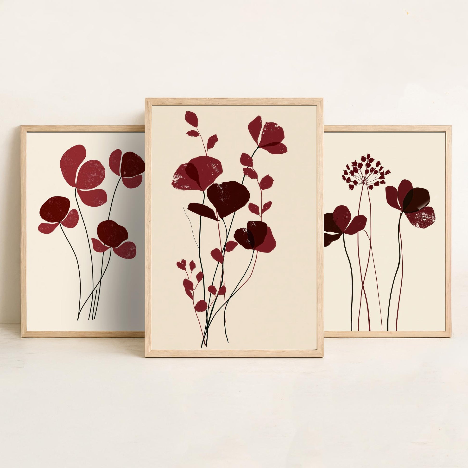 Burgundy Wildflower Stems Set of Three Art Prints - Minimalist Poppies and Seed Heads on Cream - Deep Red Botanical Posters Illustration