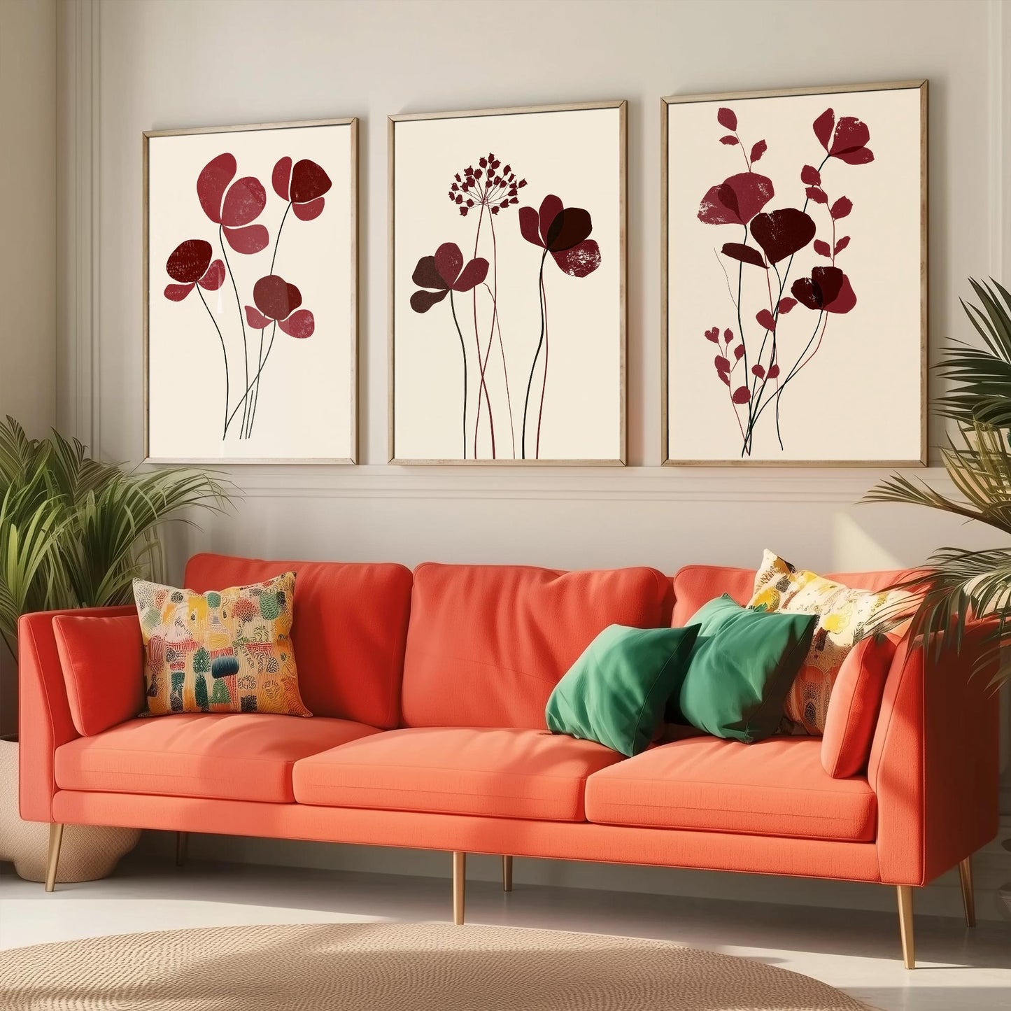 Burgundy Wildflower Stems Set of Three Art Prints - Minimalist Poppies and Seed Heads on Cream - Deep Red Botanical Posters Illustration