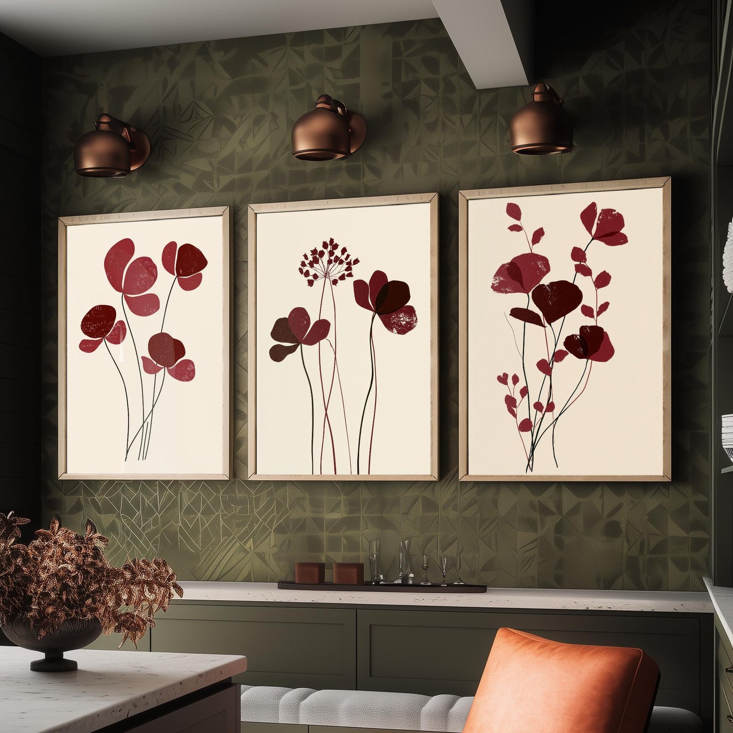 Burgundy Wildflower Stems Set of Three Art Prints - Minimalist Poppies and Seed Heads on Cream - Deep Red Botanical Posters Illustration
