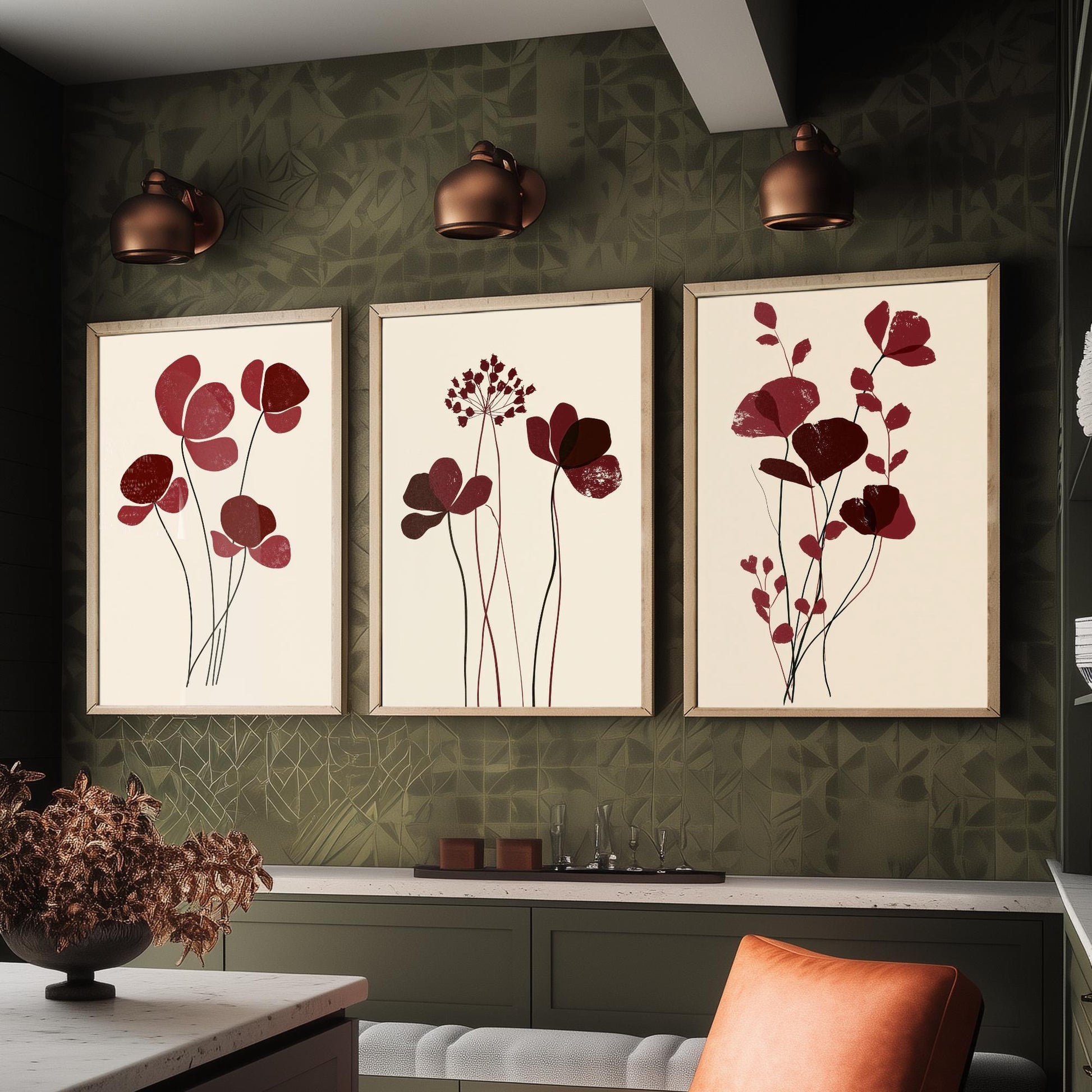 Burgundy Wildflower Stems Set of Three Art Prints - Minimalist Poppies and Seed Heads on Cream - Deep Red Botanical Posters Illustration