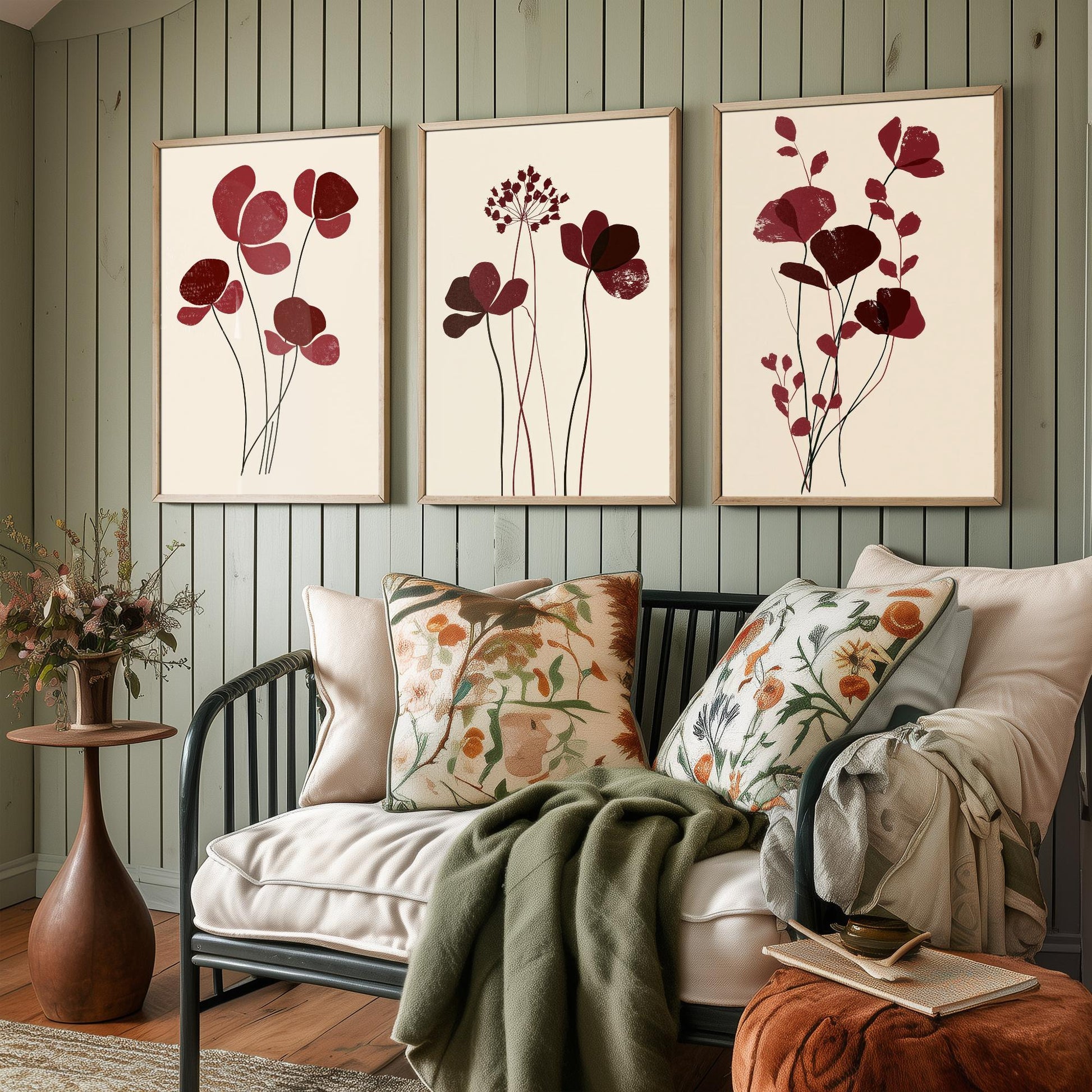 Burgundy Wildflower Stems Set of Three Art Prints - Minimalist Poppies and Seed Heads on Cream - Deep Red Botanical Posters Illustration