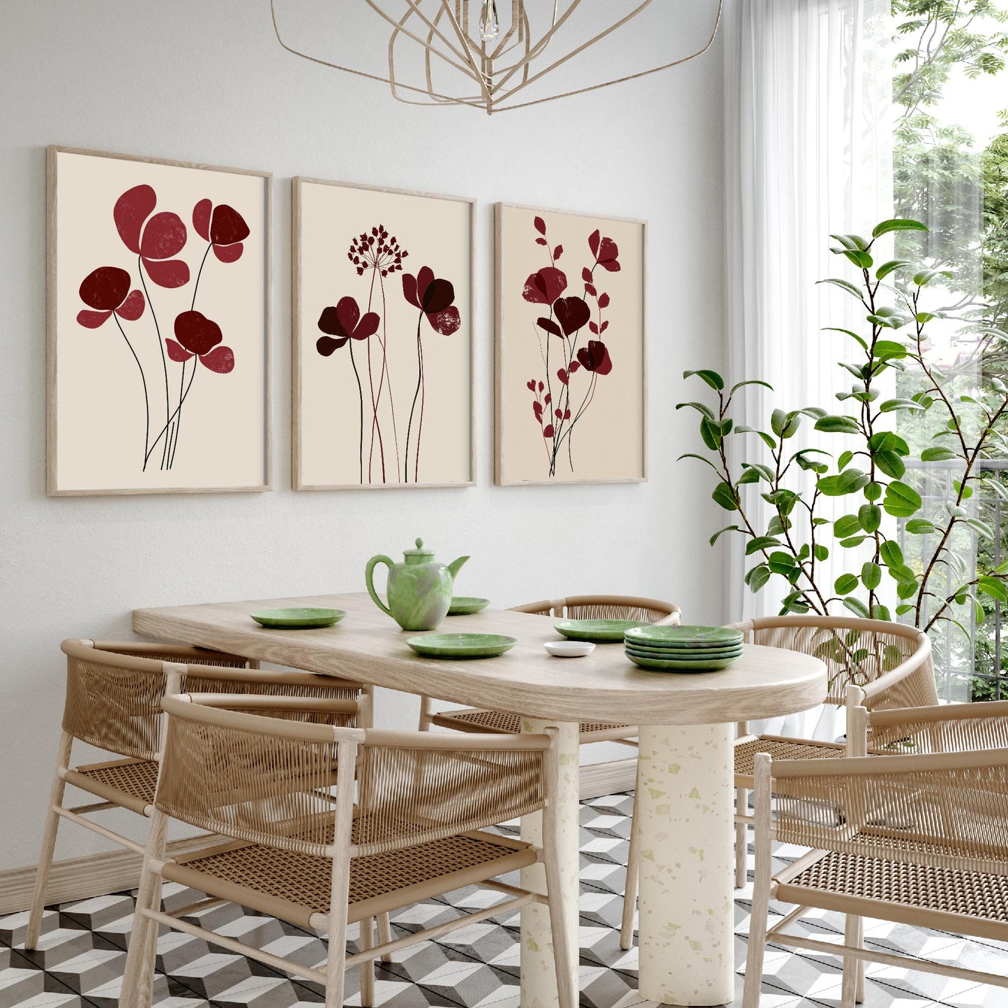 Burgundy Wildflower Stems Set of Three Art Prints - Minimalist Poppies and Seed Heads on Cream - Deep Red Botanical Posters Illustration