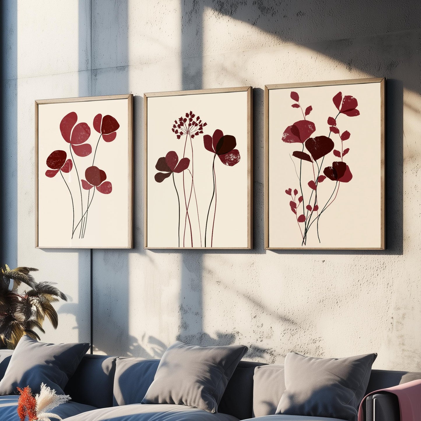 Burgundy Wildflower Stems Set of Three Art Prints - Minimalist Poppies and Seed Heads on Cream - Deep Red Botanical Posters Illustration