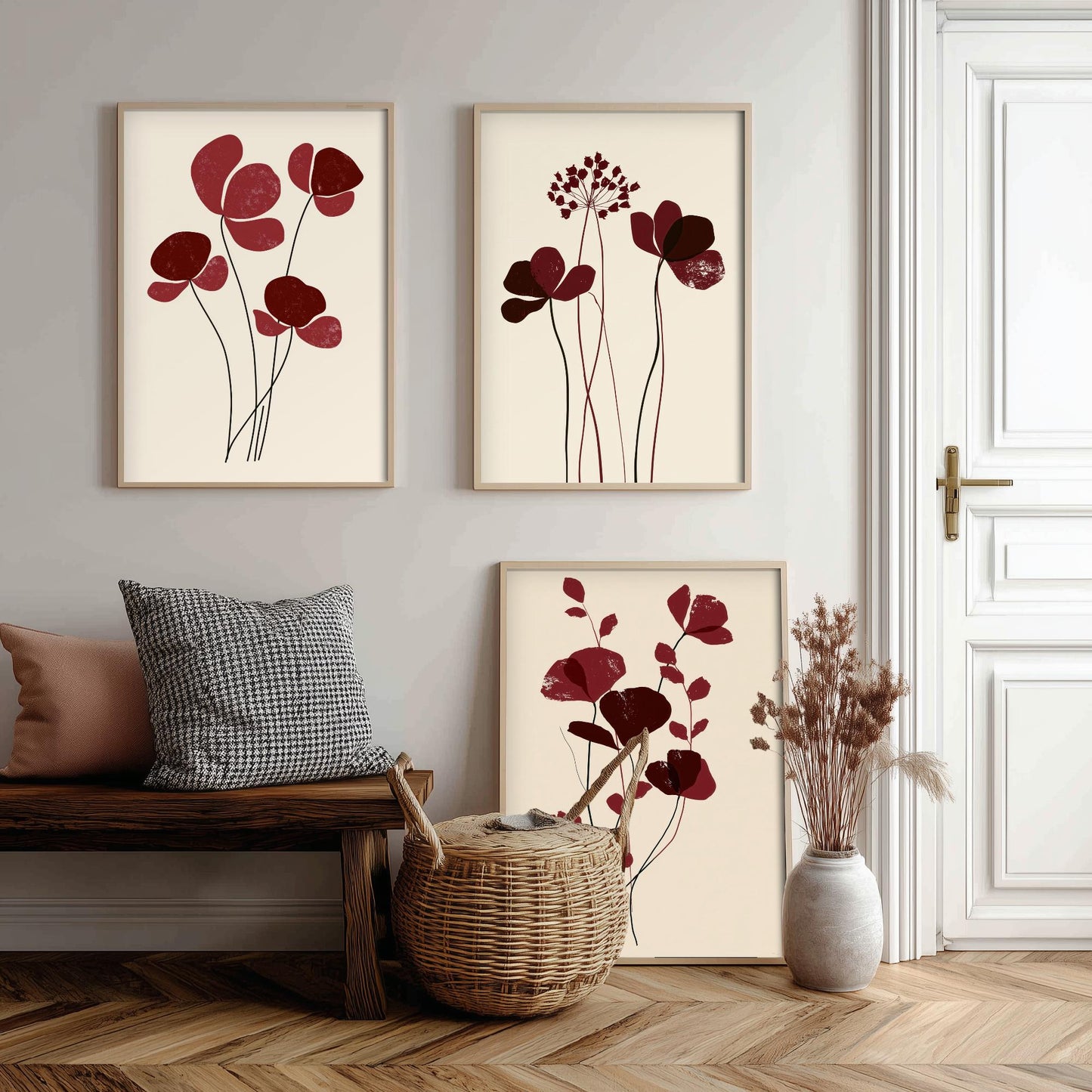 Burgundy Wildflower Stems Set of Three Art Prints - Minimalist Poppies and Seed Heads on Cream - Deep Red Botanical Posters Illustration