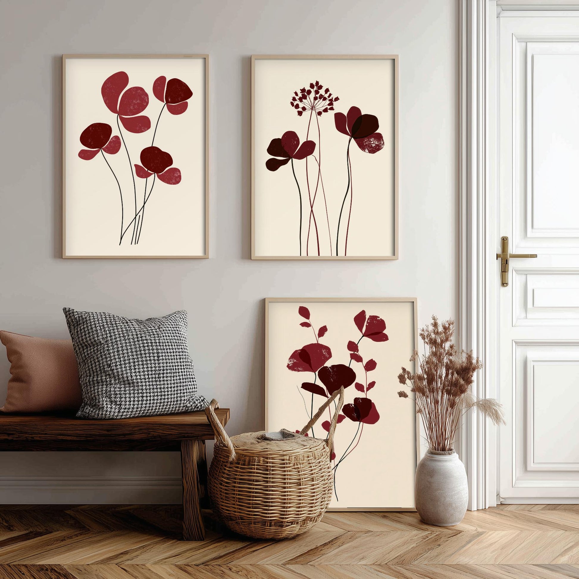Burgundy Wildflower Stems Set of Three Art Prints - Minimalist Poppies and Seed Heads on Cream - Deep Red Botanical Posters Illustration