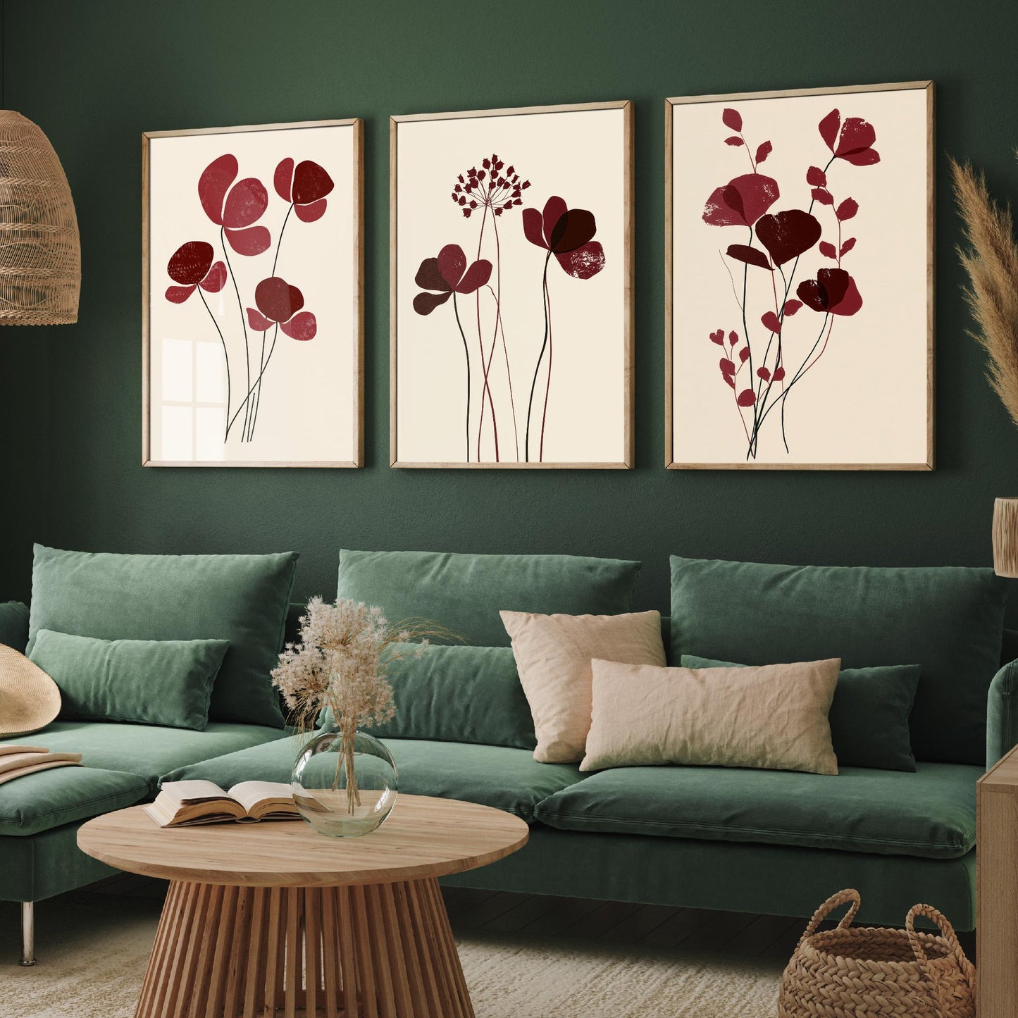 Burgundy Wildflower Stems Set of Three Art Prints - Minimalist Poppies and Seed Heads on Cream - Deep Red Botanical Posters Illustration