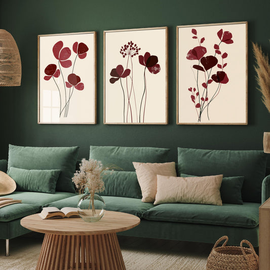 Burgundy Wildflower Stems Set of Three Art Prints - Minimalist Poppies and Seed Heads on Cream - Deep Red Botanical Posters Illustration