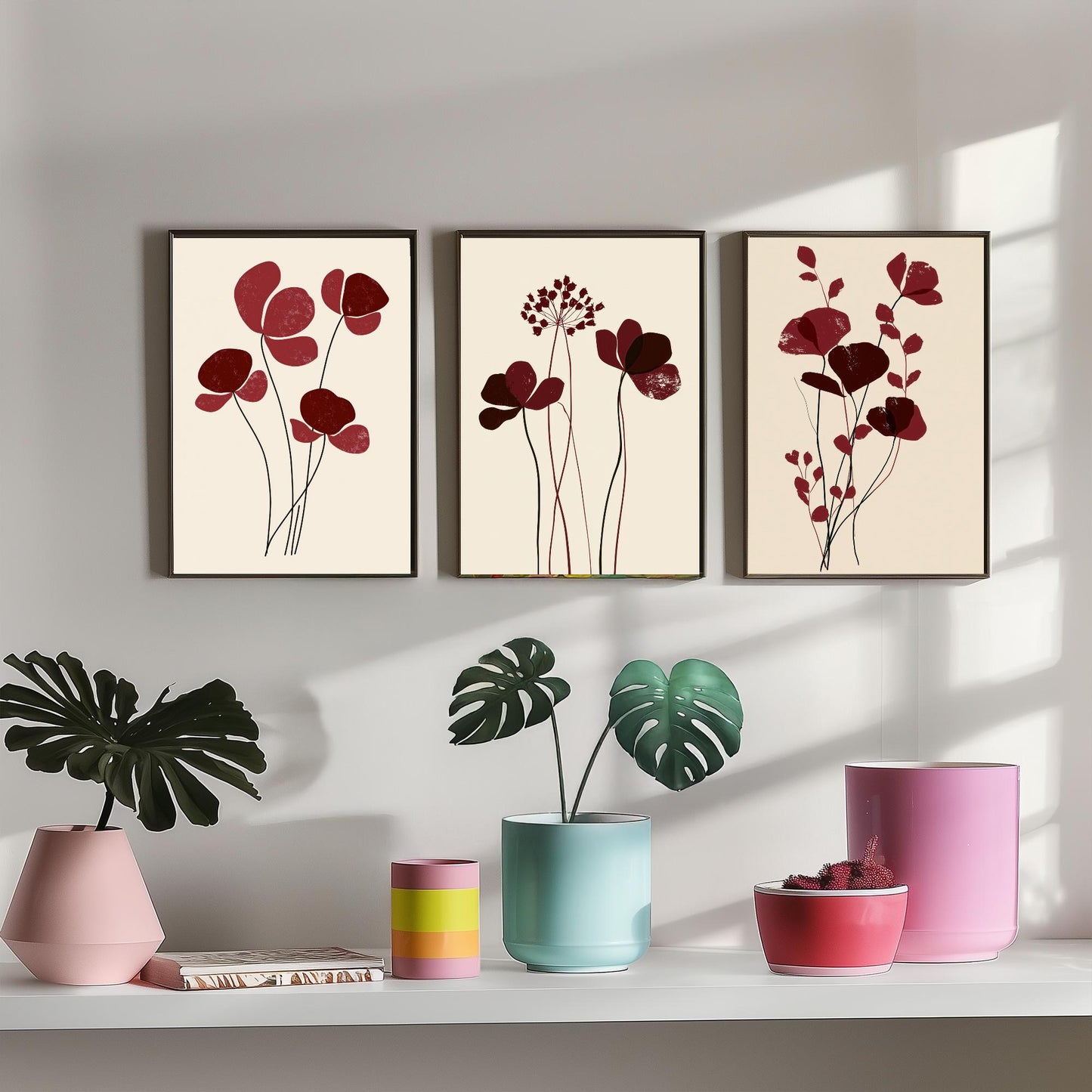 Burgundy Wildflower Stems Set of Three Art Prints - Minimalist Poppies and Seed Heads on Cream - Deep Red Botanical Posters Illustration