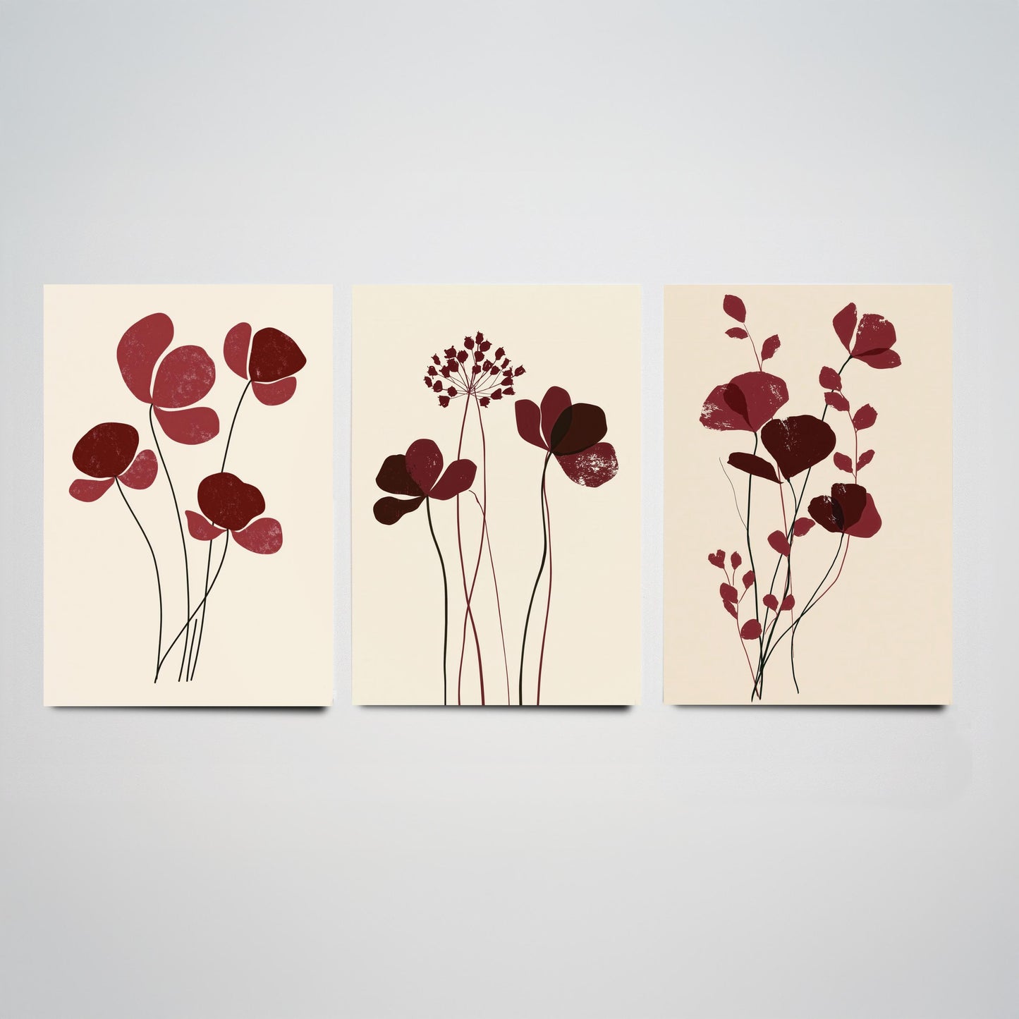 Burgundy Wildflower Stems Set of Three Art Prints - Minimalist Poppies and Seed Heads on Cream - Deep Red Botanical Posters Illustration