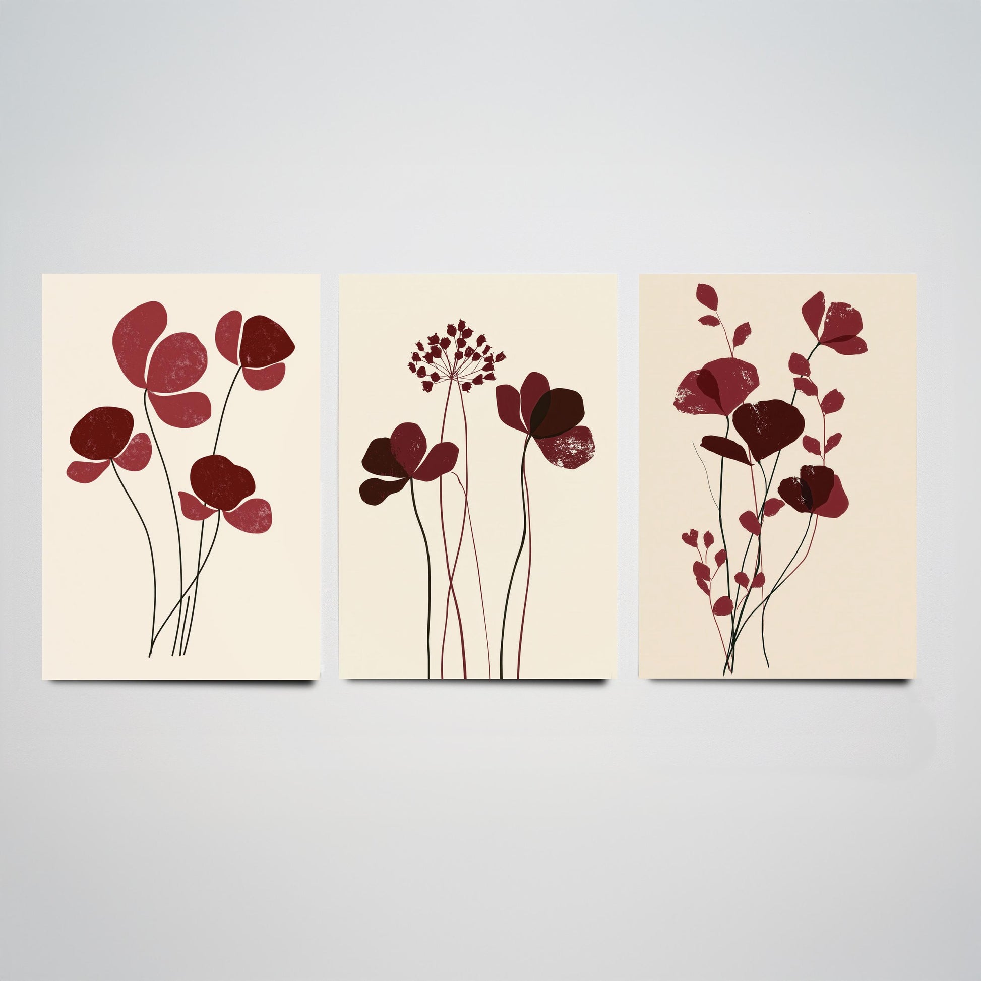 Burgundy Wildflower Stems Set of Three Art Prints - Minimalist Poppies and Seed Heads on Cream - Deep Red Botanical Posters Illustration