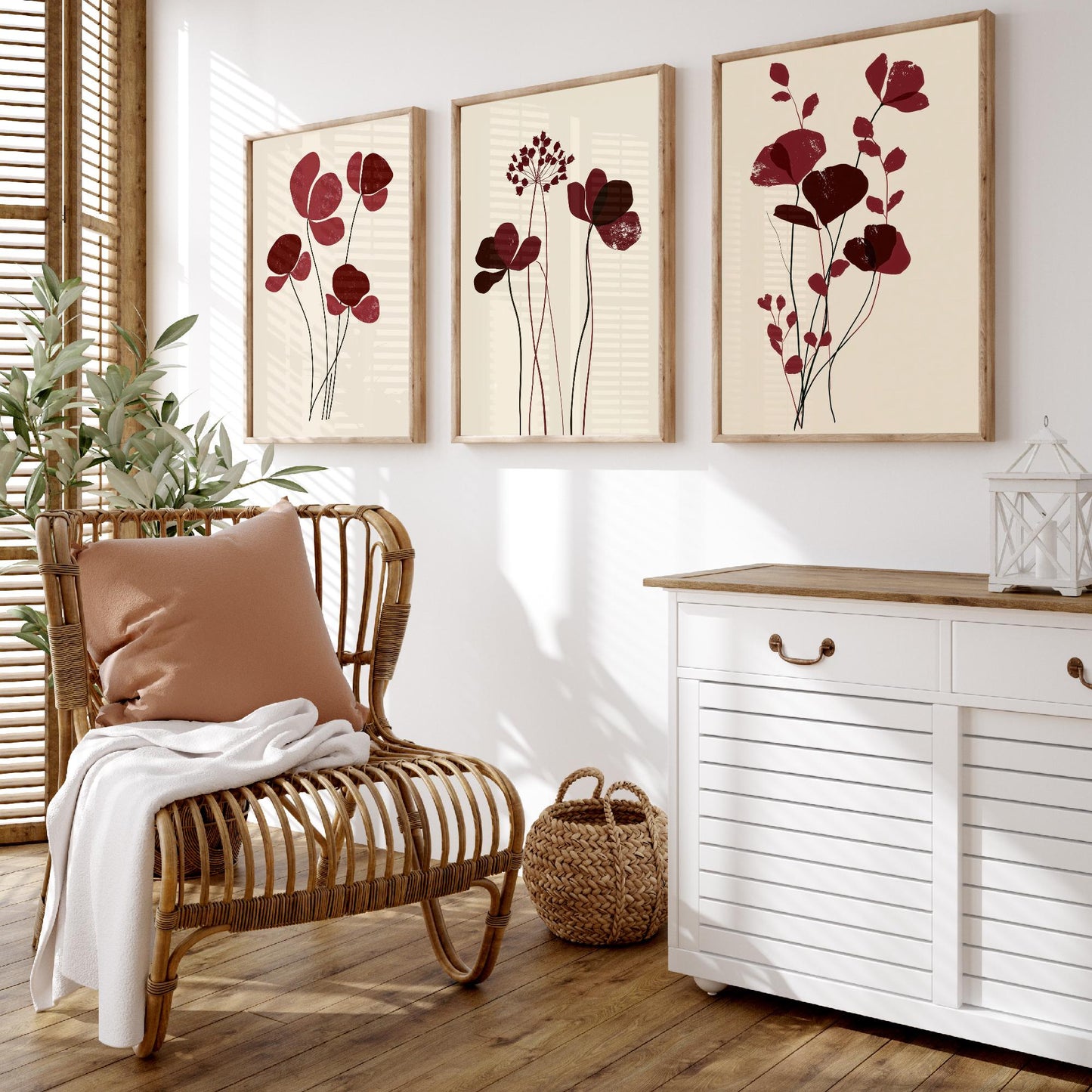 Burgundy Wildflower Stems Set of Three Art Prints - Minimalist Poppies and Seed Heads on Cream - Deep Red Botanical Posters Illustration