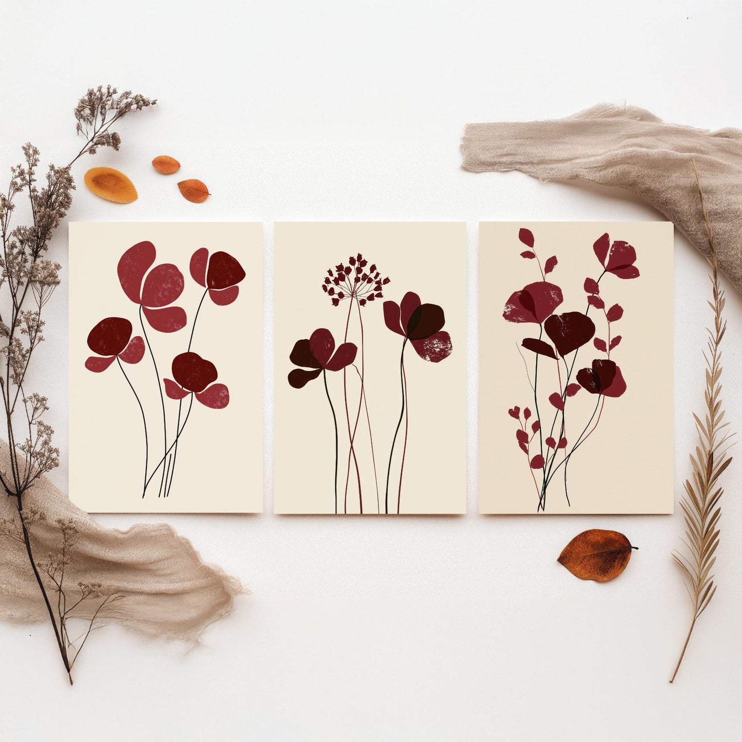 Burgundy Wildflower Stems Set of Three Art Prints - Minimalist Poppies and Seed Heads on Cream - Deep Red Botanical Posters Illustration