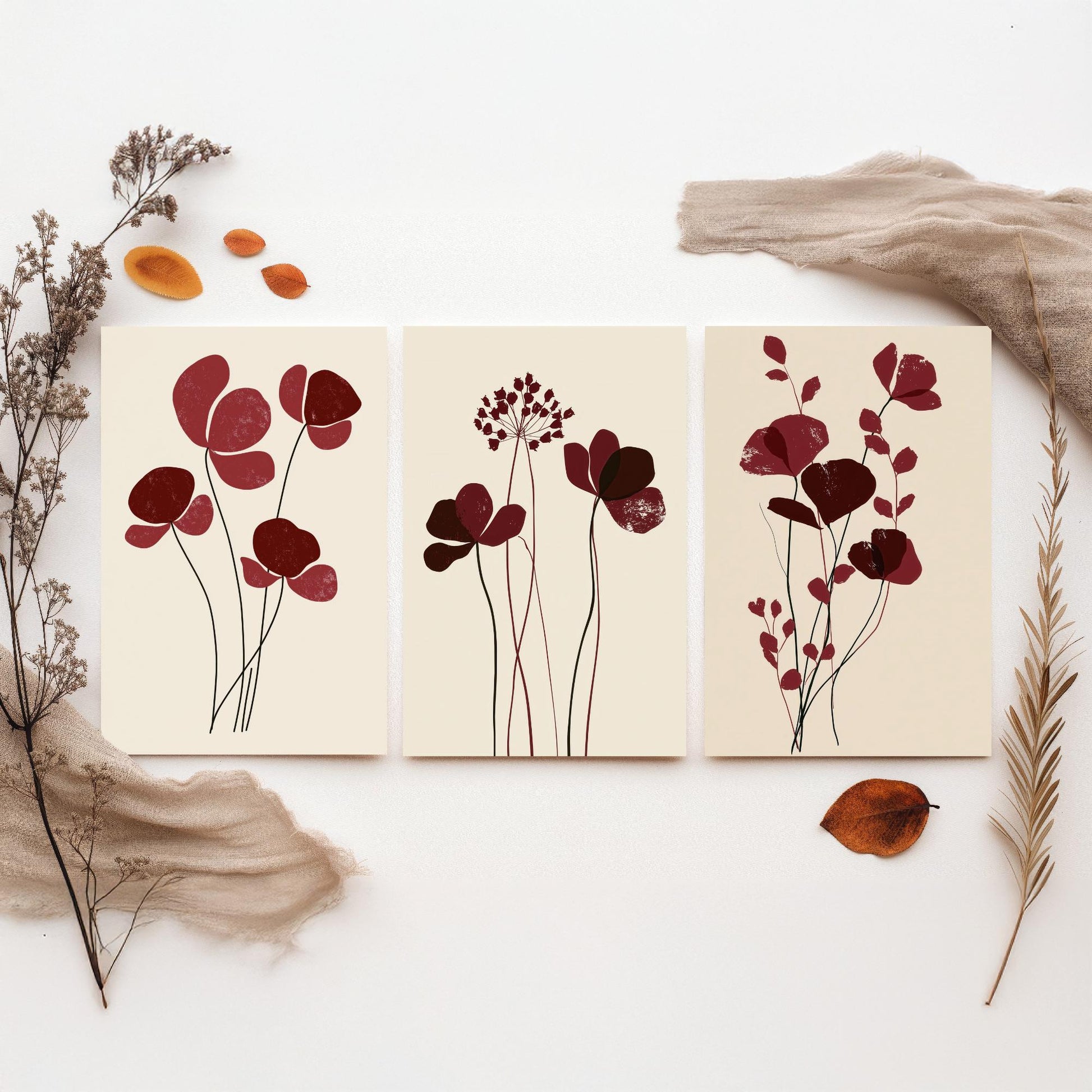 Burgundy Wildflower Stems Set of Three Art Prints - Minimalist Poppies and Seed Heads on Cream - Deep Red Botanical Posters Illustration