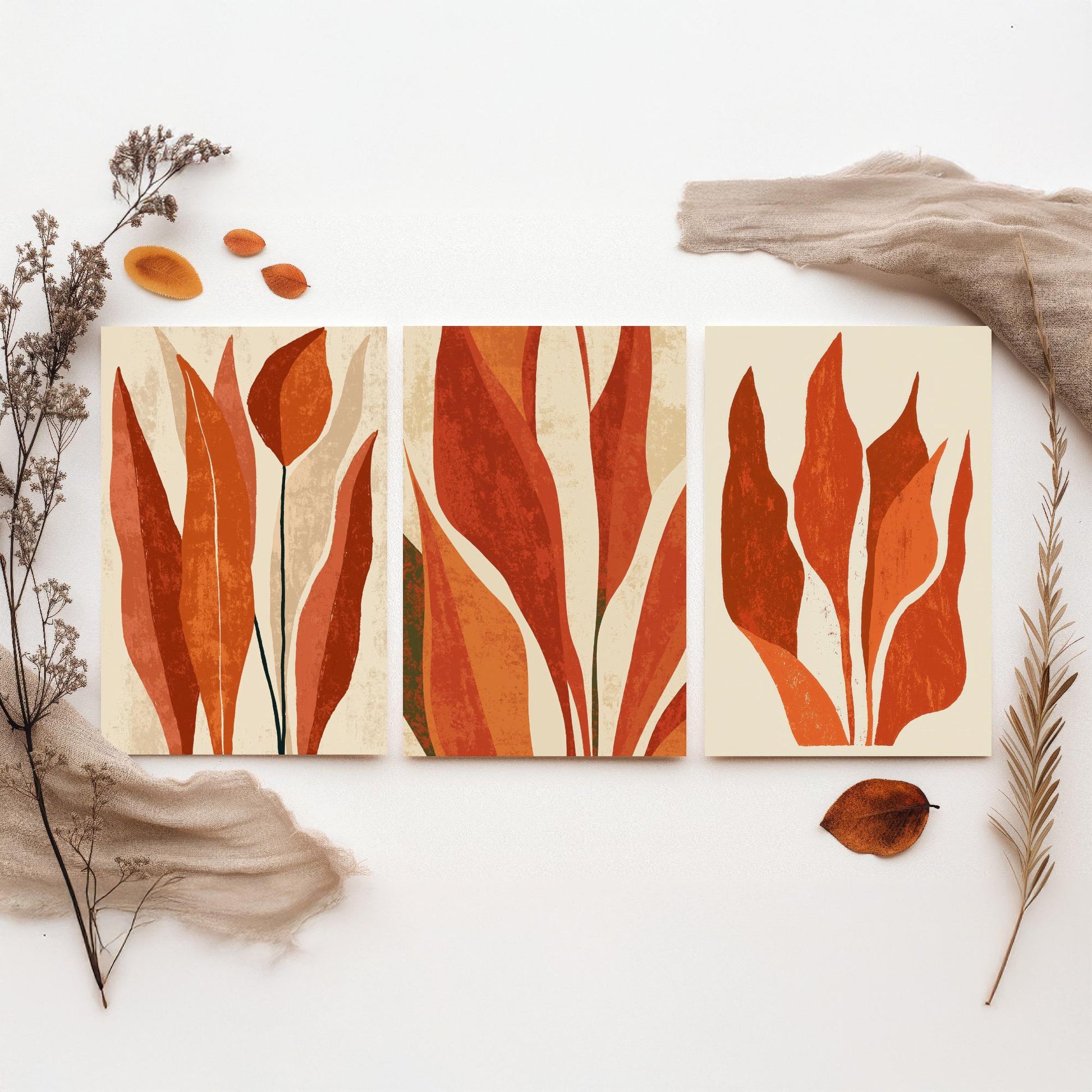 Burnt Orange Snake Plant Set of Three Art Prints - Abstract Botanical Leaves in Rust and Cream - Mid Century Posters Illustration