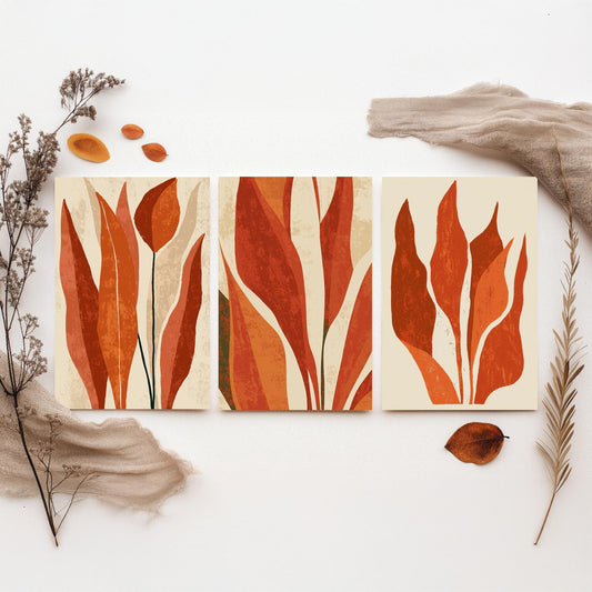 Burnt Orange Snake Plant Set of Three Art Prints - Abstract Botanical Leaves in Rust and Cream - Mid Century Posters Illustration