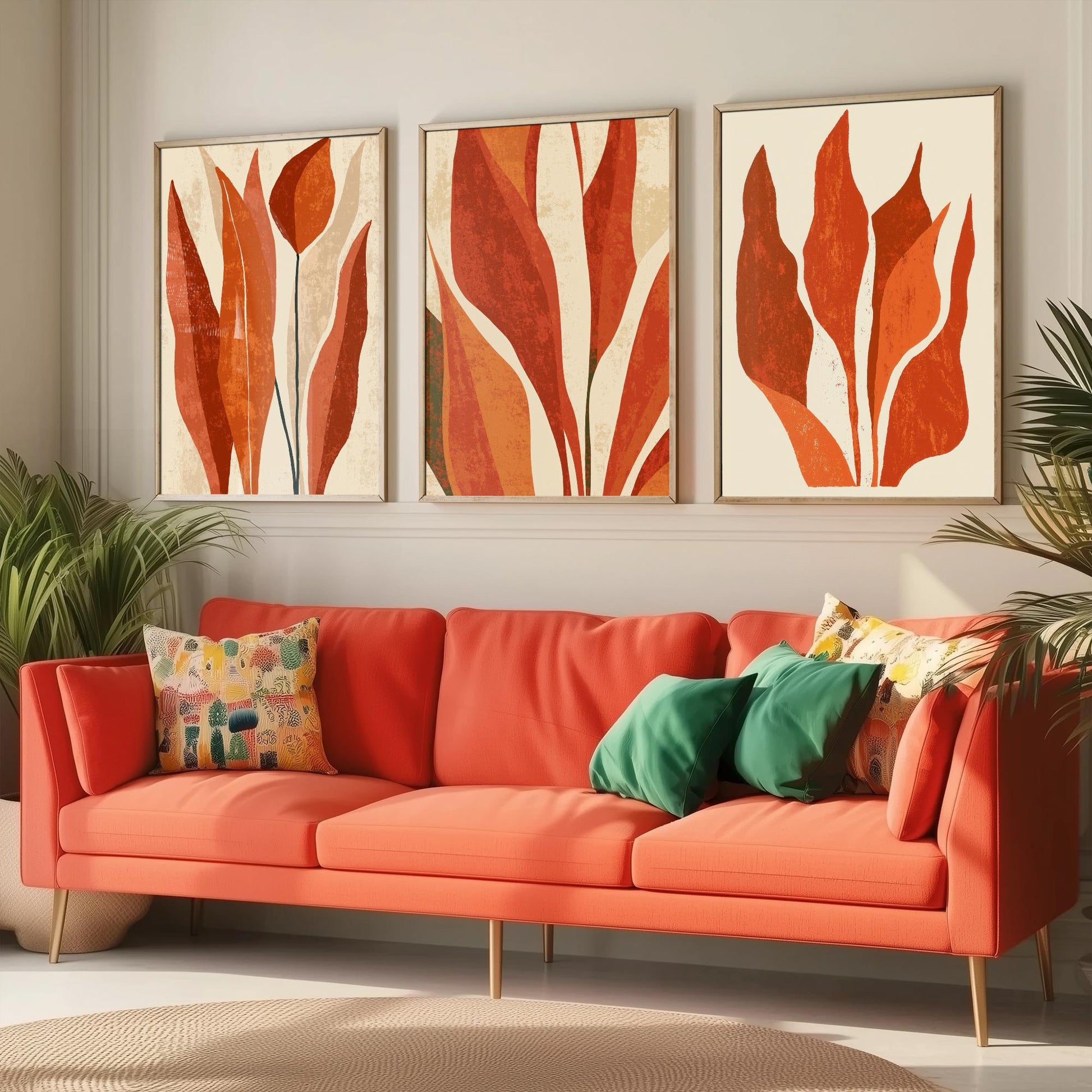 Burnt Orange Snake Plant Set of Three Art Prints - Abstract Botanical Leaves in Rust and Cream - Mid Century Posters Illustration