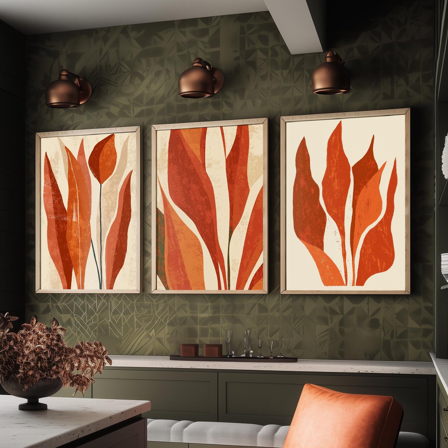 Burnt Orange Snake Plant Set of Three Art Prints - Abstract Botanical Leaves in Rust and Cream - Mid Century Posters Illustration