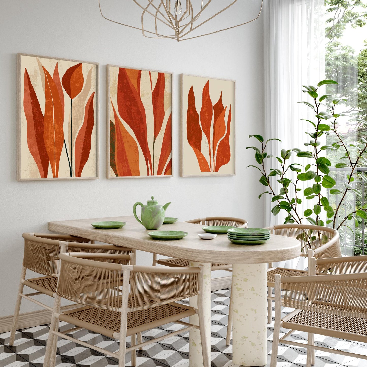 Burnt Orange Snake Plant Set of Three Art Prints - Abstract Botanical Leaves in Rust and Cream - Mid Century Posters Illustration
