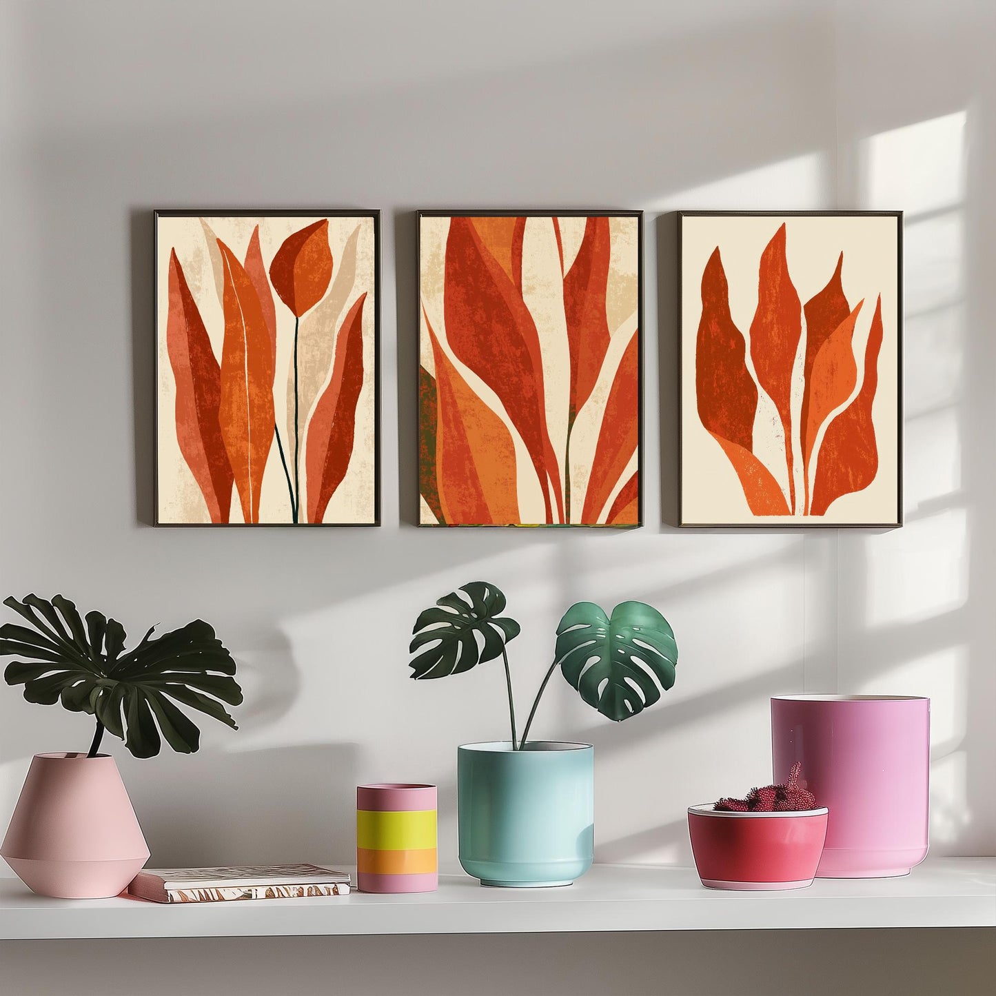 Burnt Orange Snake Plant Set of Three Art Prints - Abstract Botanical Leaves in Rust and Cream - Mid Century Posters Illustration