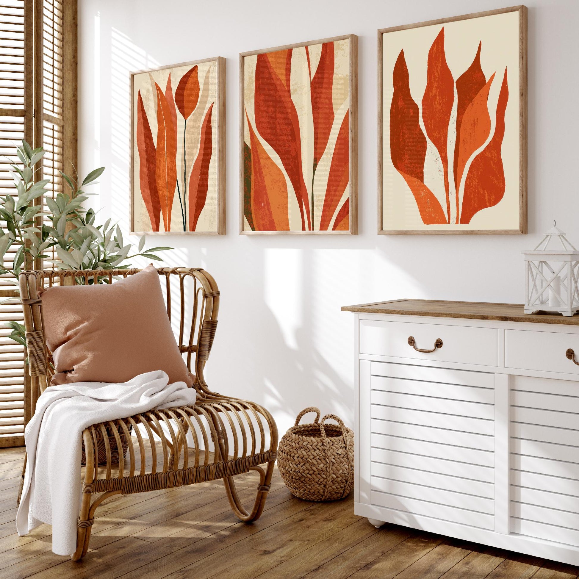 Burnt Orange Snake Plant Set of Three Art Prints - Abstract Botanical Leaves in Rust and Cream - Mid Century Posters Illustration