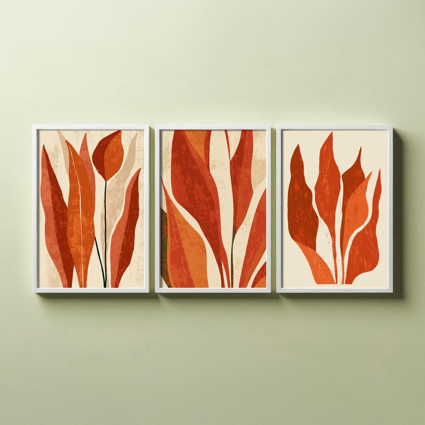 Burnt Orange Snake Plant Set of Three Art Prints - Abstract Botanical Leaves in Rust and Cream - Mid Century Posters Illustration