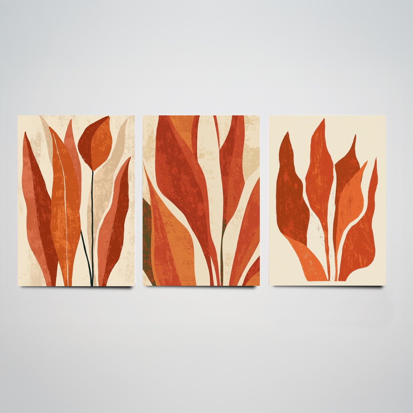 Burnt Orange Snake Plant Set of Three Art Prints - Abstract Botanical Leaves in Rust and Cream - Mid Century Posters Illustration