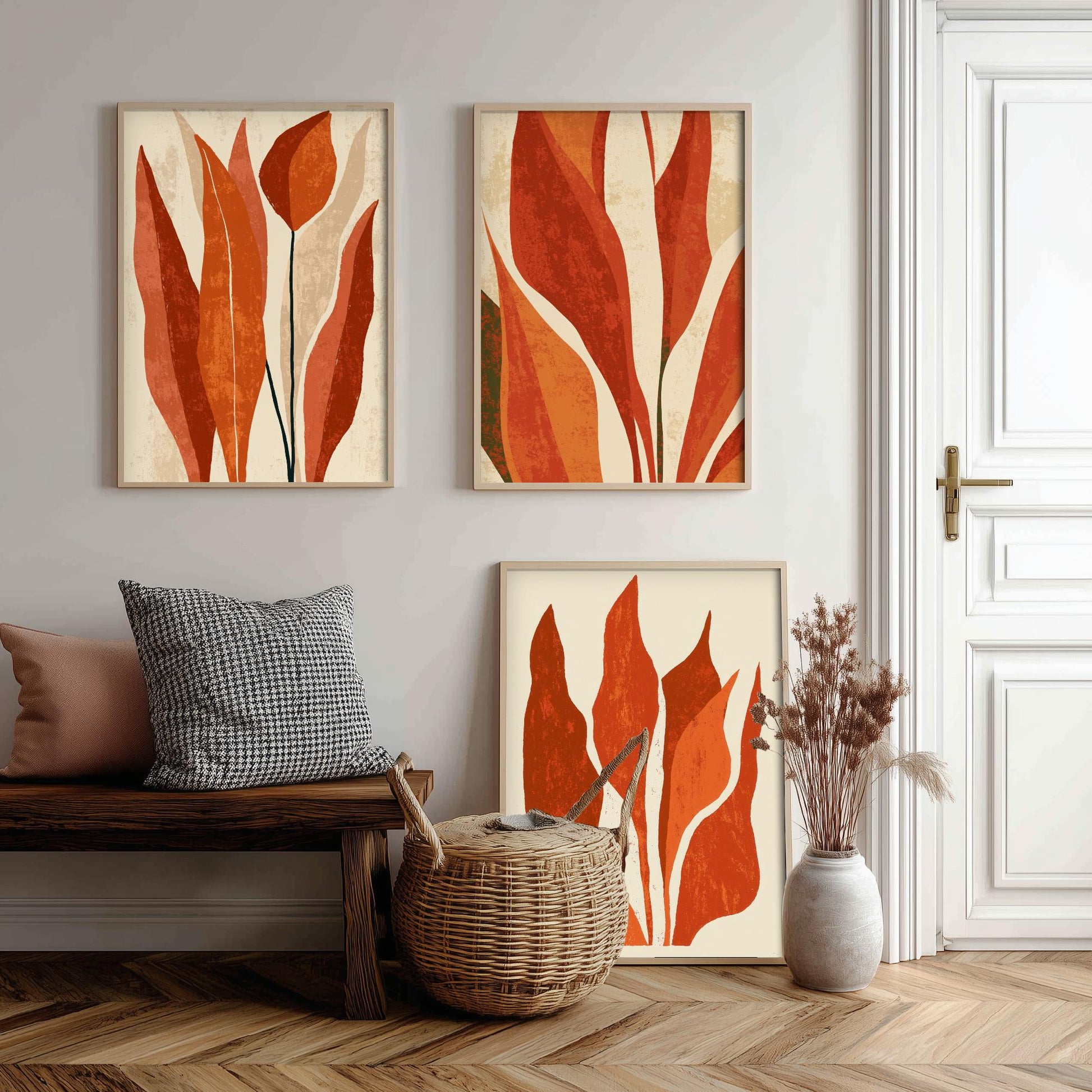 Burnt Orange Snake Plant Set of Three Art Prints - Abstract Botanical Leaves in Rust and Cream - Mid Century Posters Illustration