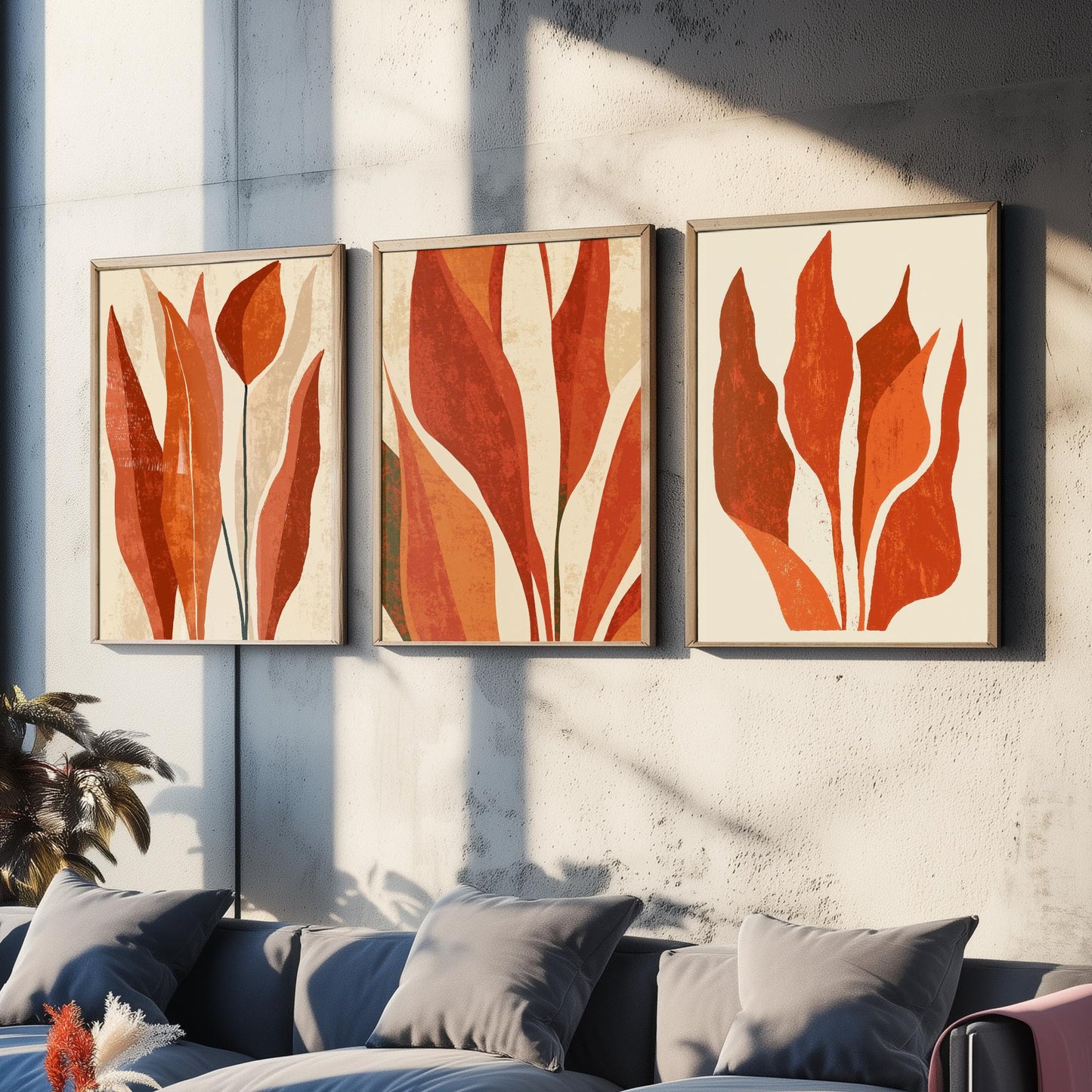 Burnt Orange Snake Plant Set of Three Art Prints - Abstract Botanical Leaves in Rust and Cream - Mid Century Posters Illustration