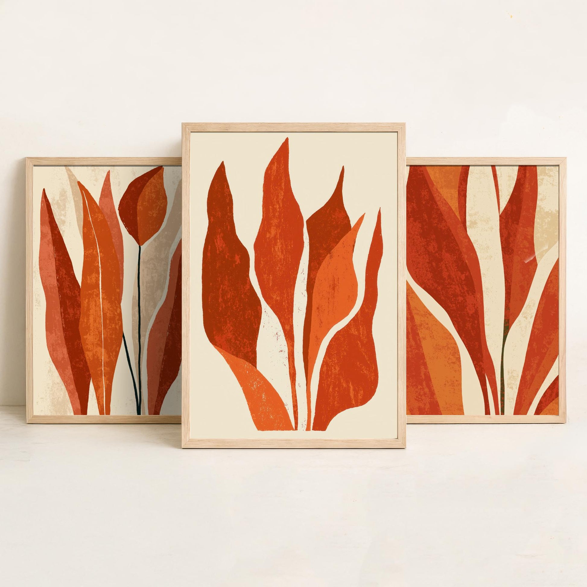 Burnt Orange Snake Plant Set of Three Art Prints - Abstract Botanical Leaves in Rust and Cream - Mid Century Posters Illustration