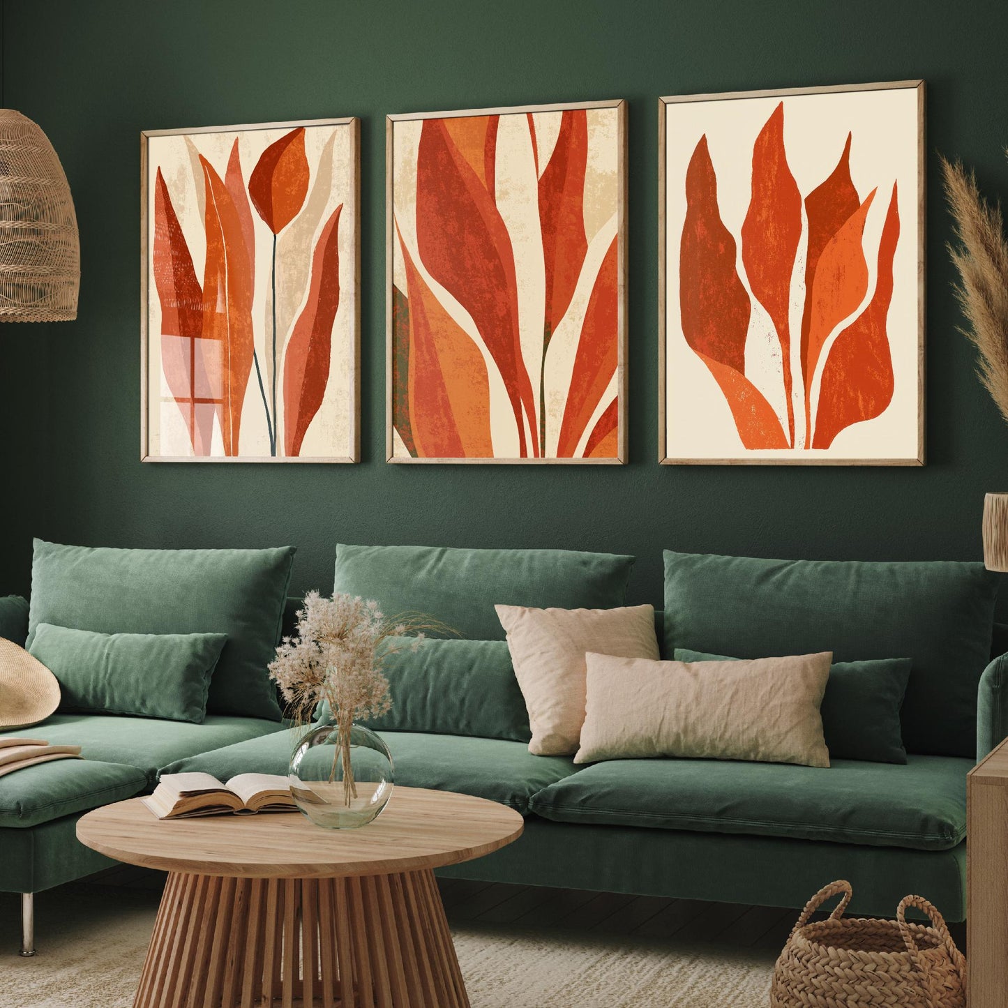 Burnt Orange Snake Plant Set of Three Art Prints - Abstract Botanical Leaves in Rust and Cream - Mid Century Posters Illustration