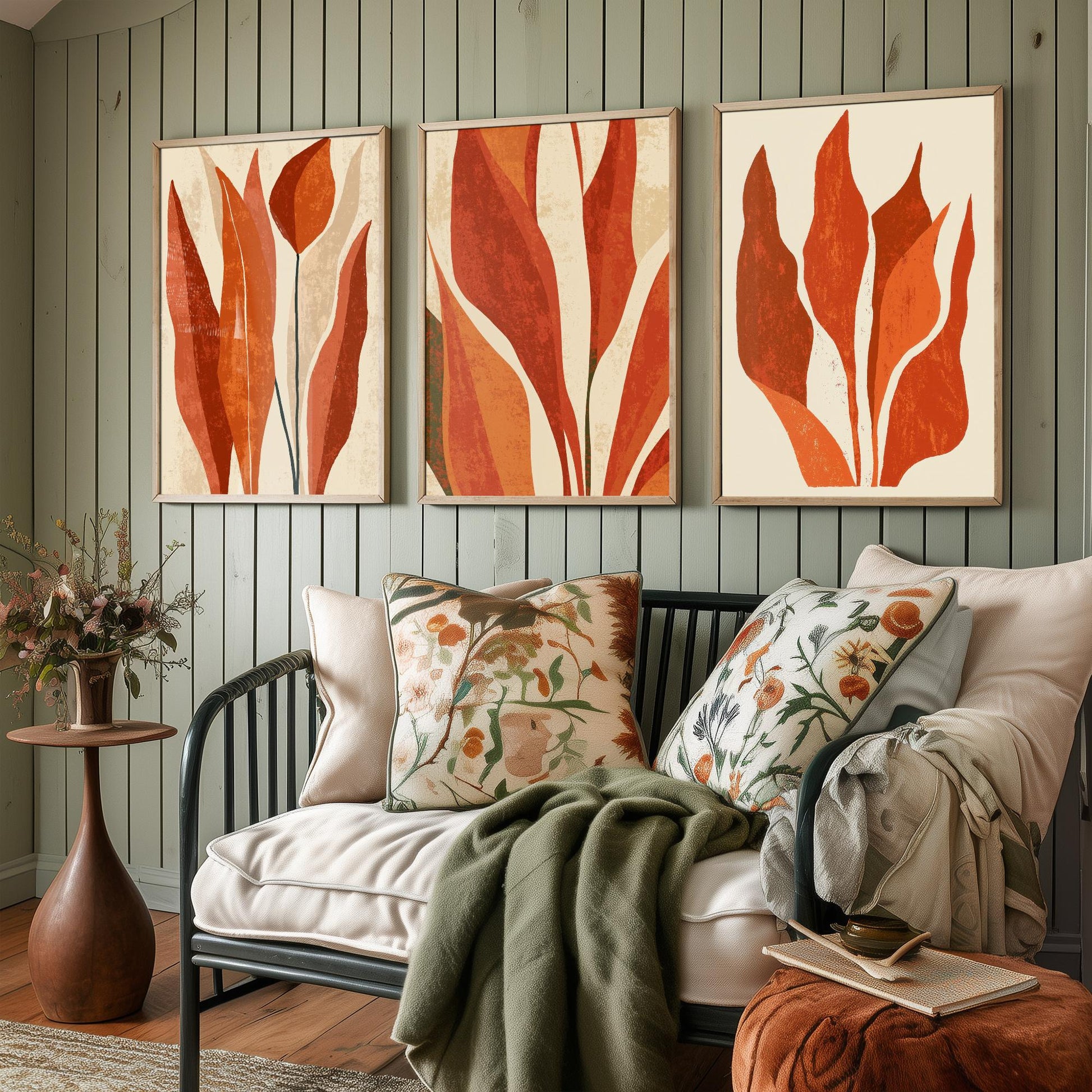 Burnt Orange Snake Plant Set of Three Art Prints - Abstract Botanical Leaves in Rust and Cream - Mid Century Posters Illustration
