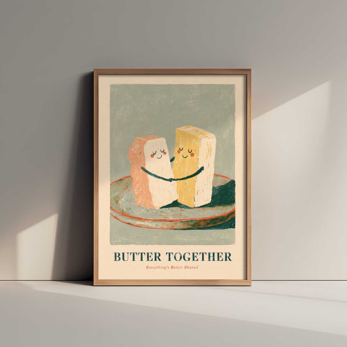 Butter Together Art Print - Hugging Butter Pats Poster - Painterly Love Pun Kitchen Painting