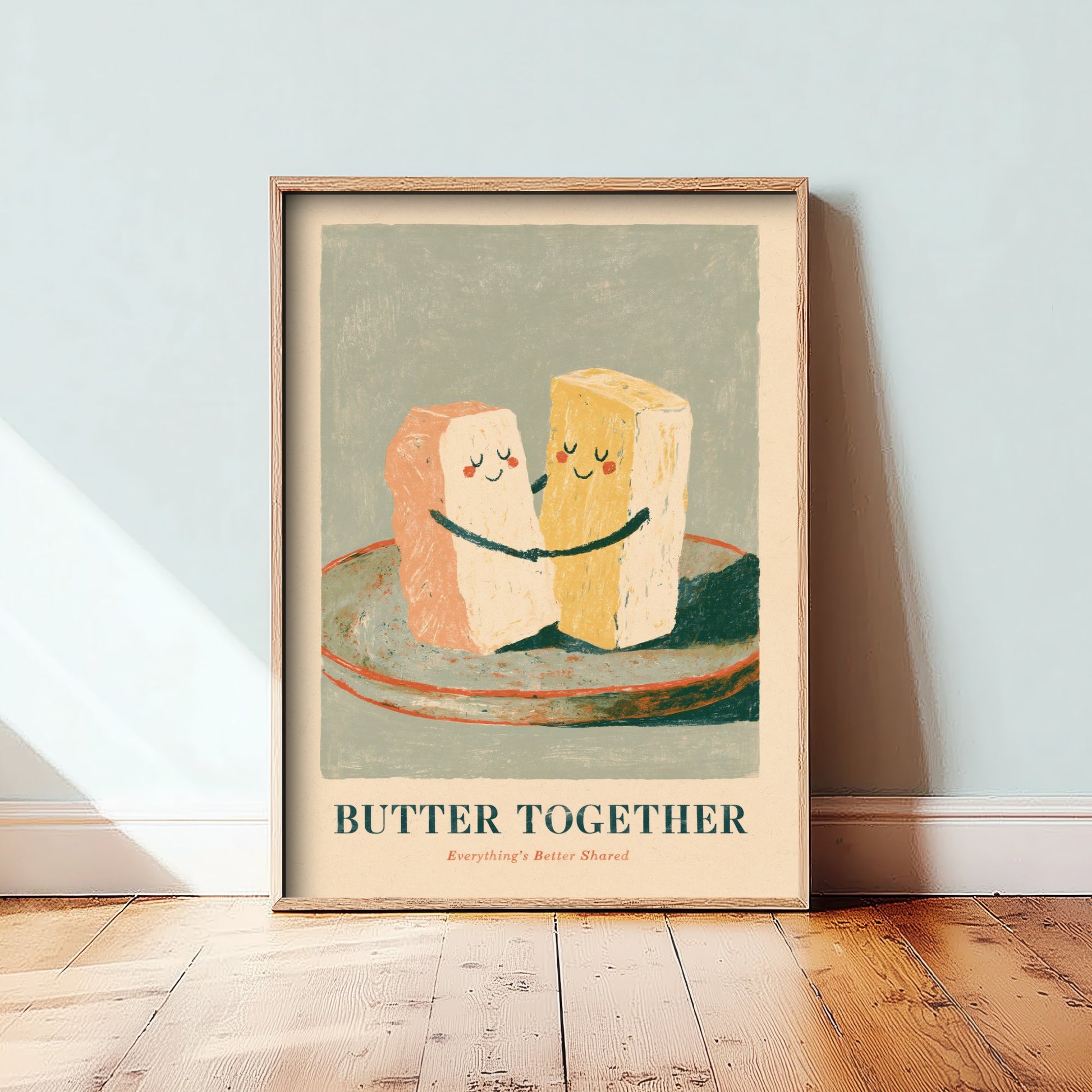 Butter Together Art Print - Hugging Butter Pats Poster - Painterly Love Pun Kitchen Painting